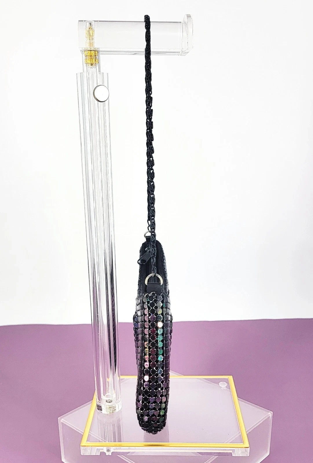 90s Y2K Black Iridescent Chain Mail Mesh Crescent Evening Bag Black Chain Handle