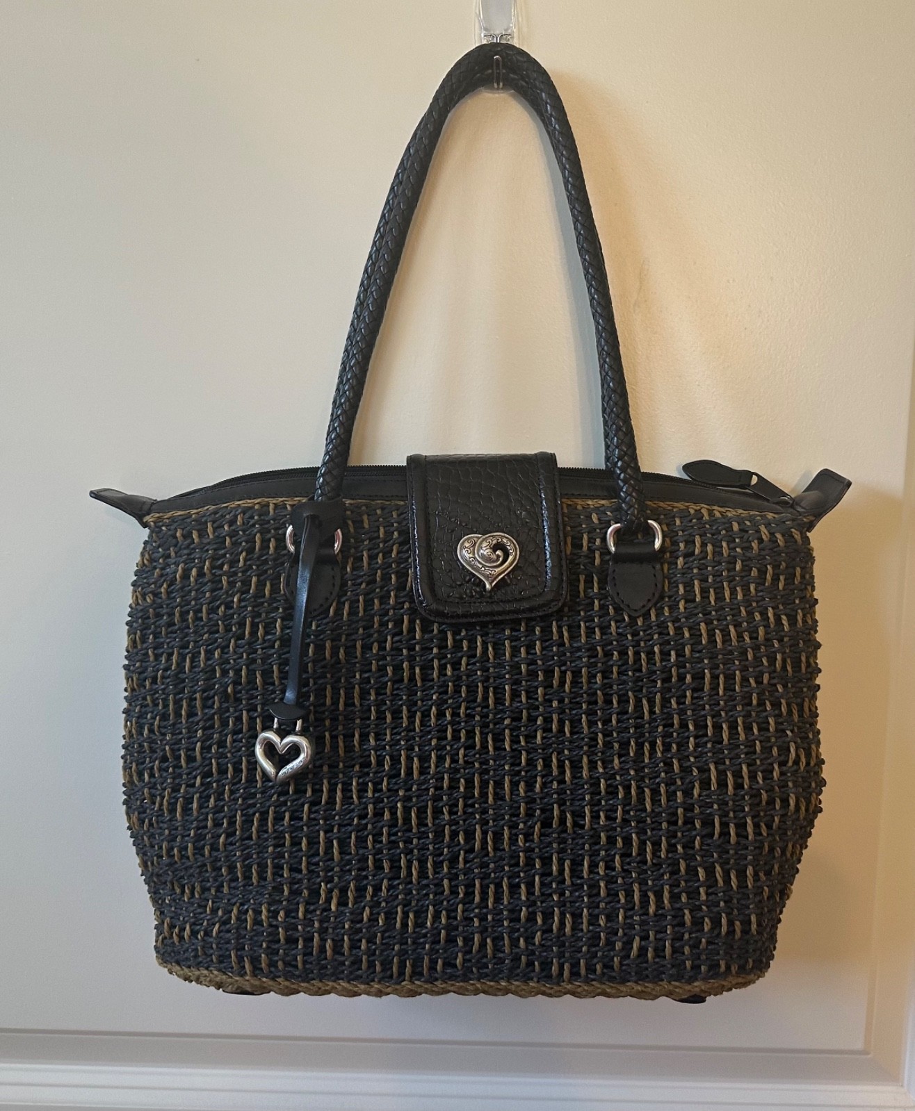 Brighton Woven Straw Satchel Purse Shoulder Bag Black Braided Leather Bag Charm