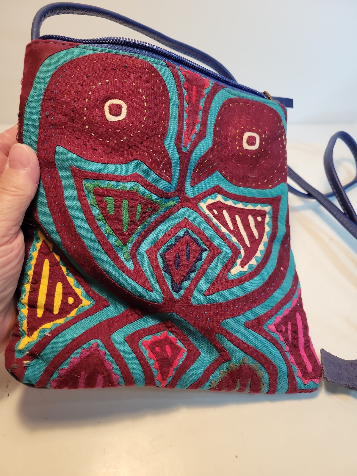 Mola Crossbody Bag Blue Leather Boots n’ Bags Bird Design