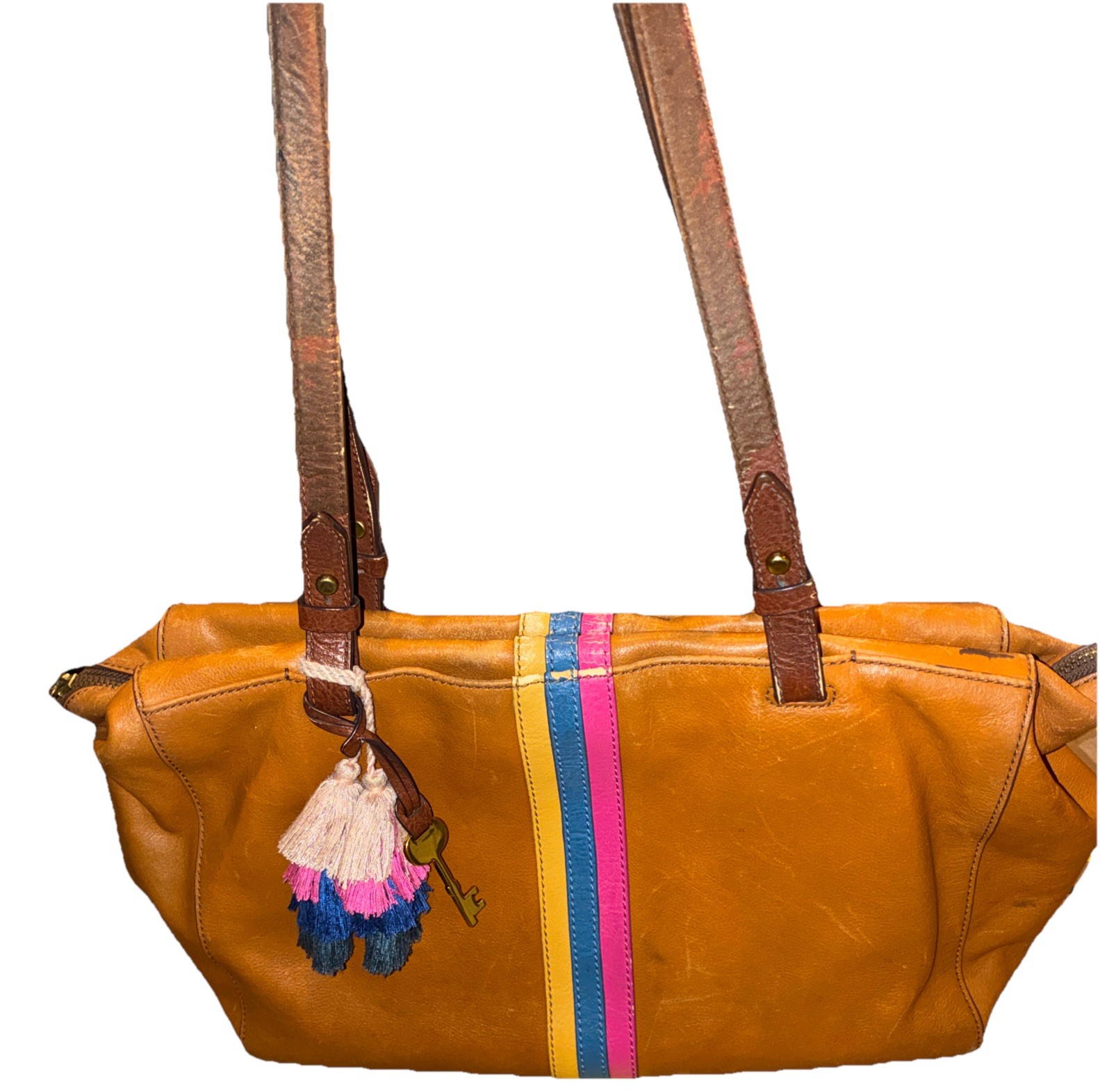 Fossil Rachel Tote Brown Leather 3 Color Vertical Stripes Deep Handbag Purse