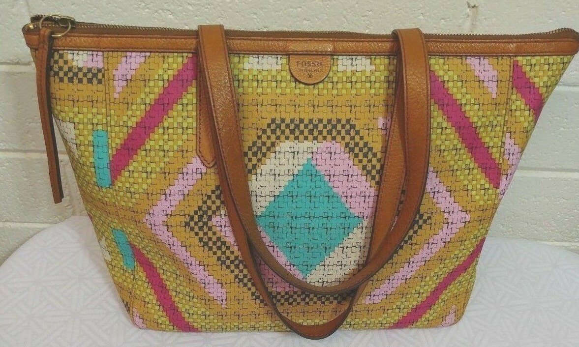 SYDNEY FOSSIL MULTICOLOR COATED CANVAS LARGE TOTE WEEKENDER HANDBAG PURSE