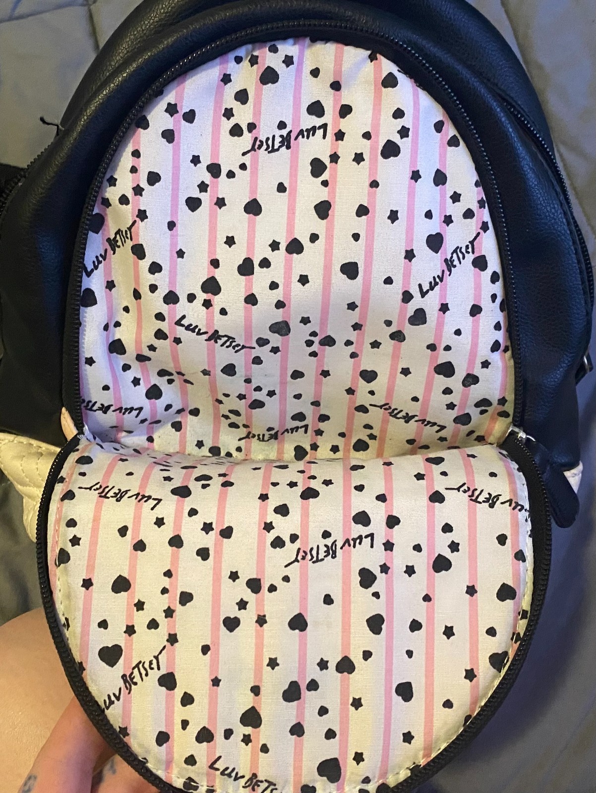 EUC Betsy Johnson Quilted Pink/Black Luv Adjustable Mini Backpack