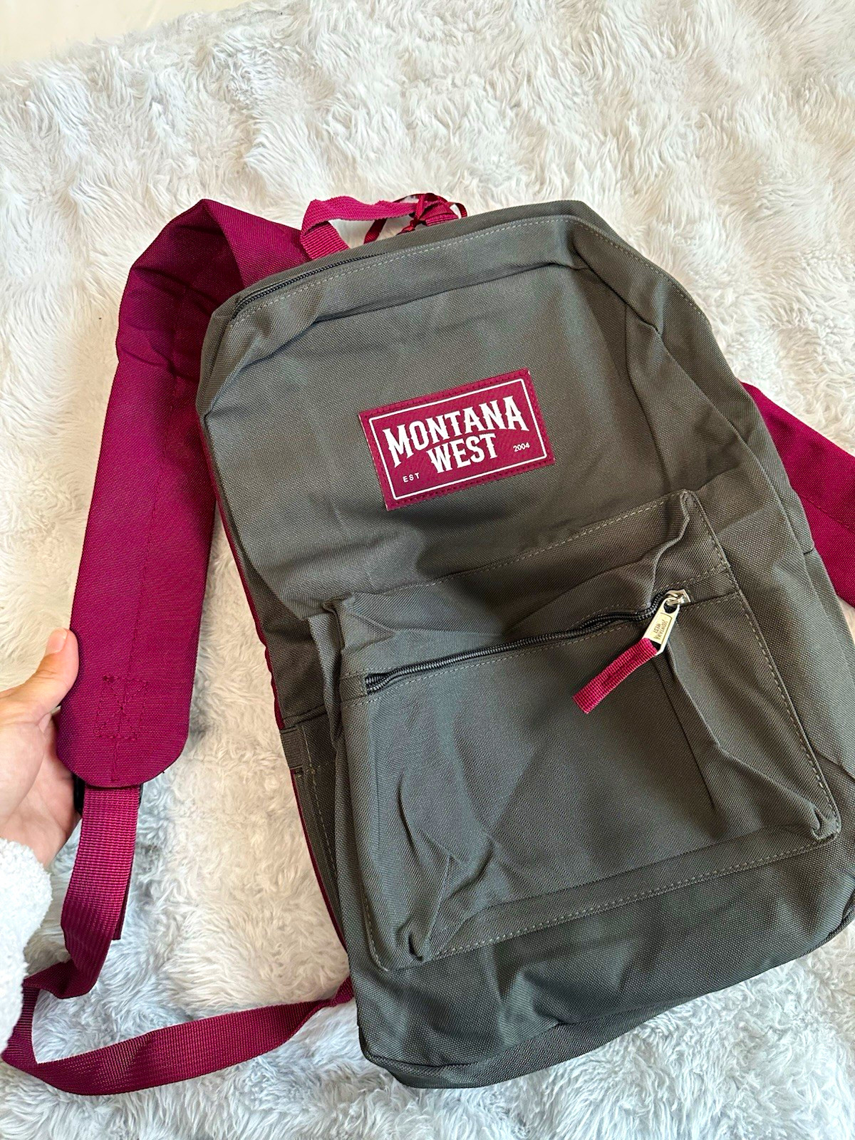 Montana West Gray & Burgundy Western Backpack, Zip Closure, Adjustable Strap