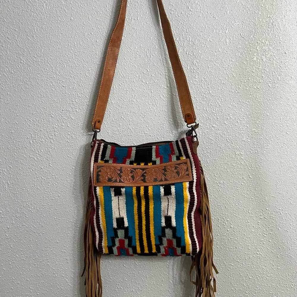 American Darling Southwest Fringe Leather Shoulder Bag, Tooled, Saddle Blanket