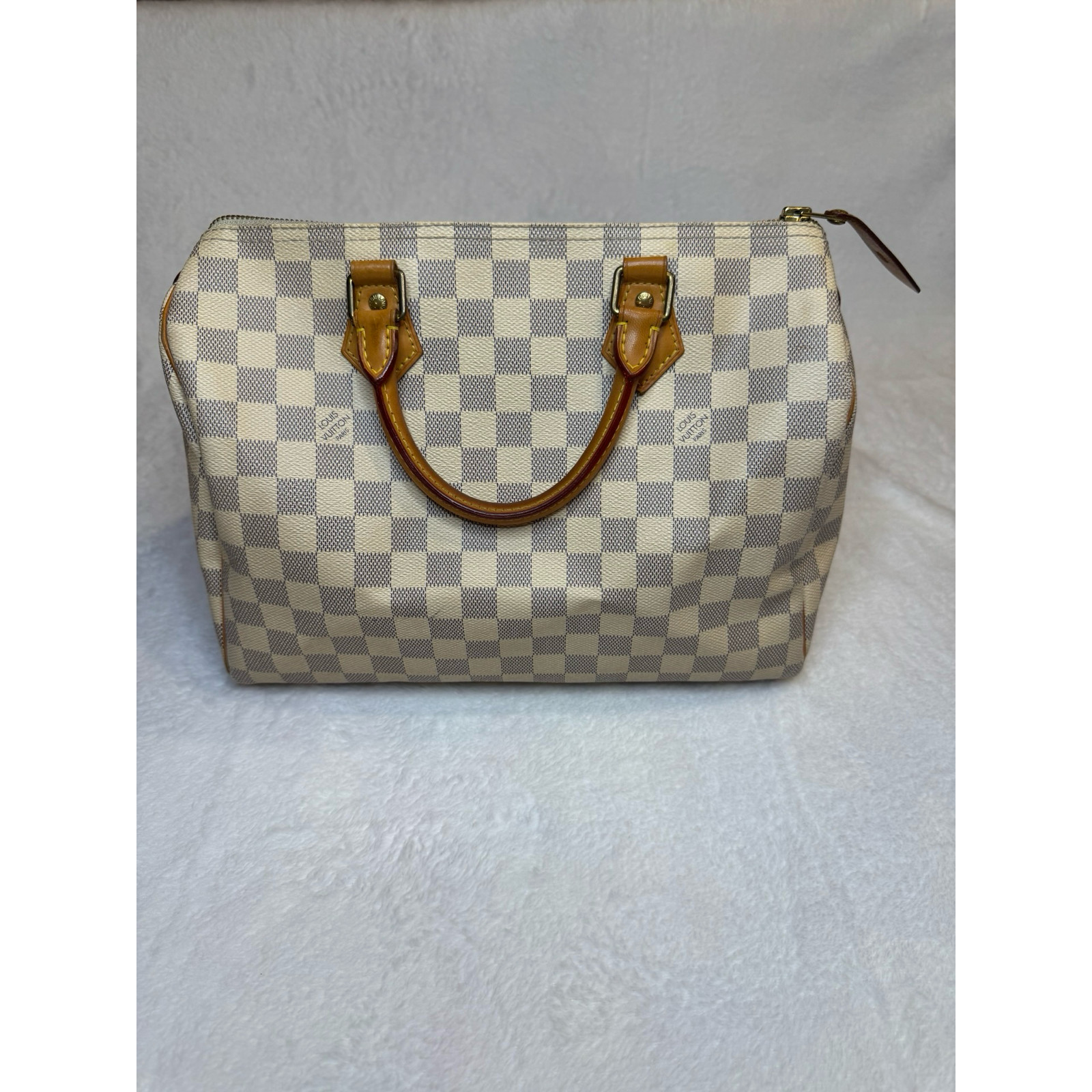 Louis Vuitton Speedy 30 Damier Azur Canvas Vachetta Leather Lock Key Bag Charm G
