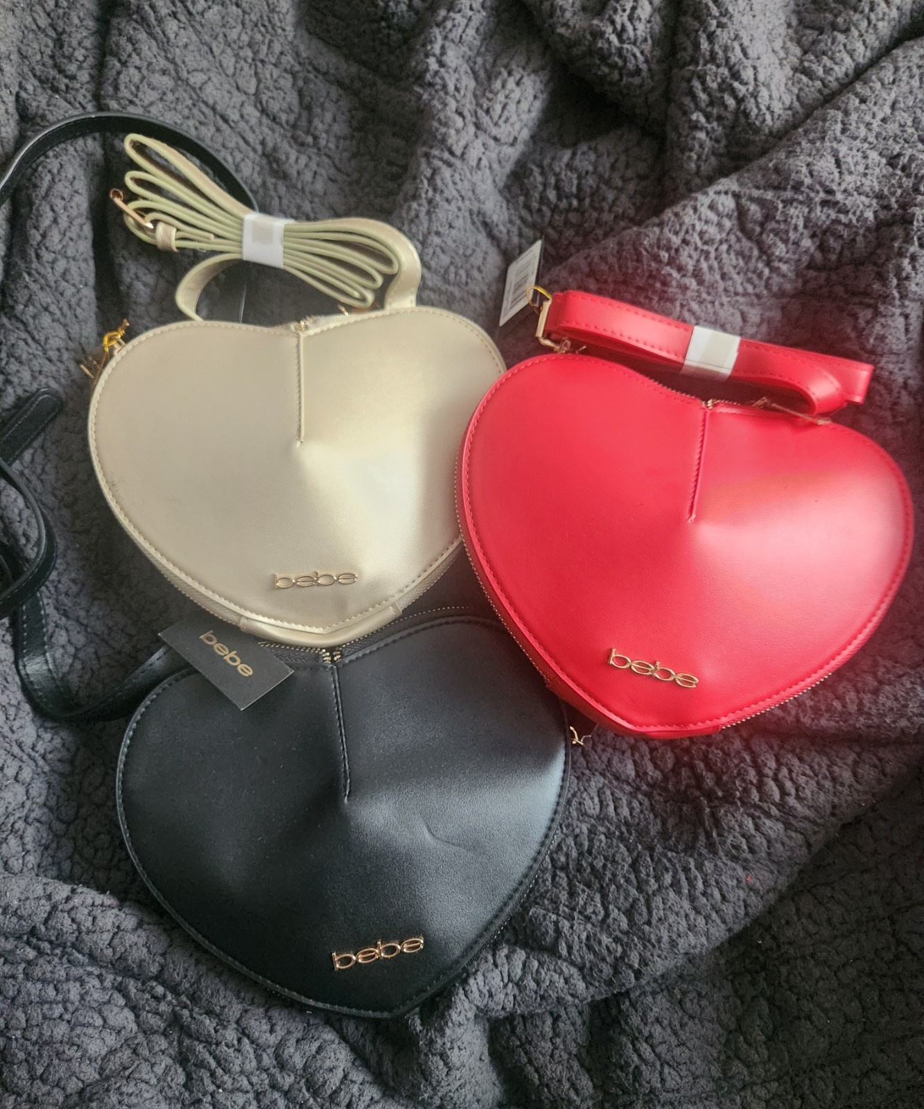 bebe Heart-Shaped Crossbody Bag Lot of 3 Black Beige Red Zip Gold Logo