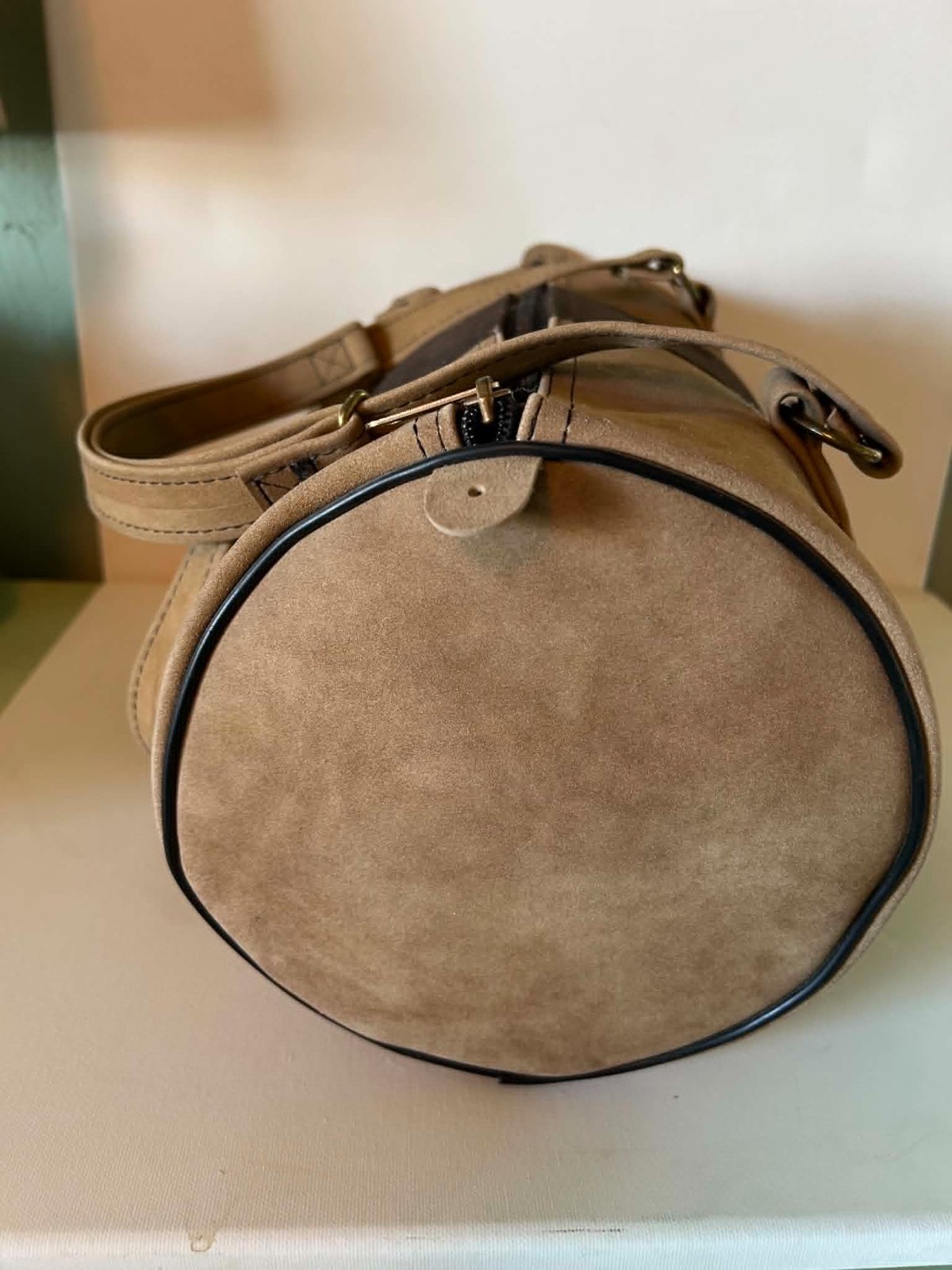 Vintage 70s 80s Suede Barrel Bag Two Tone Brown Tan YKK Zipper Retro Cylinder