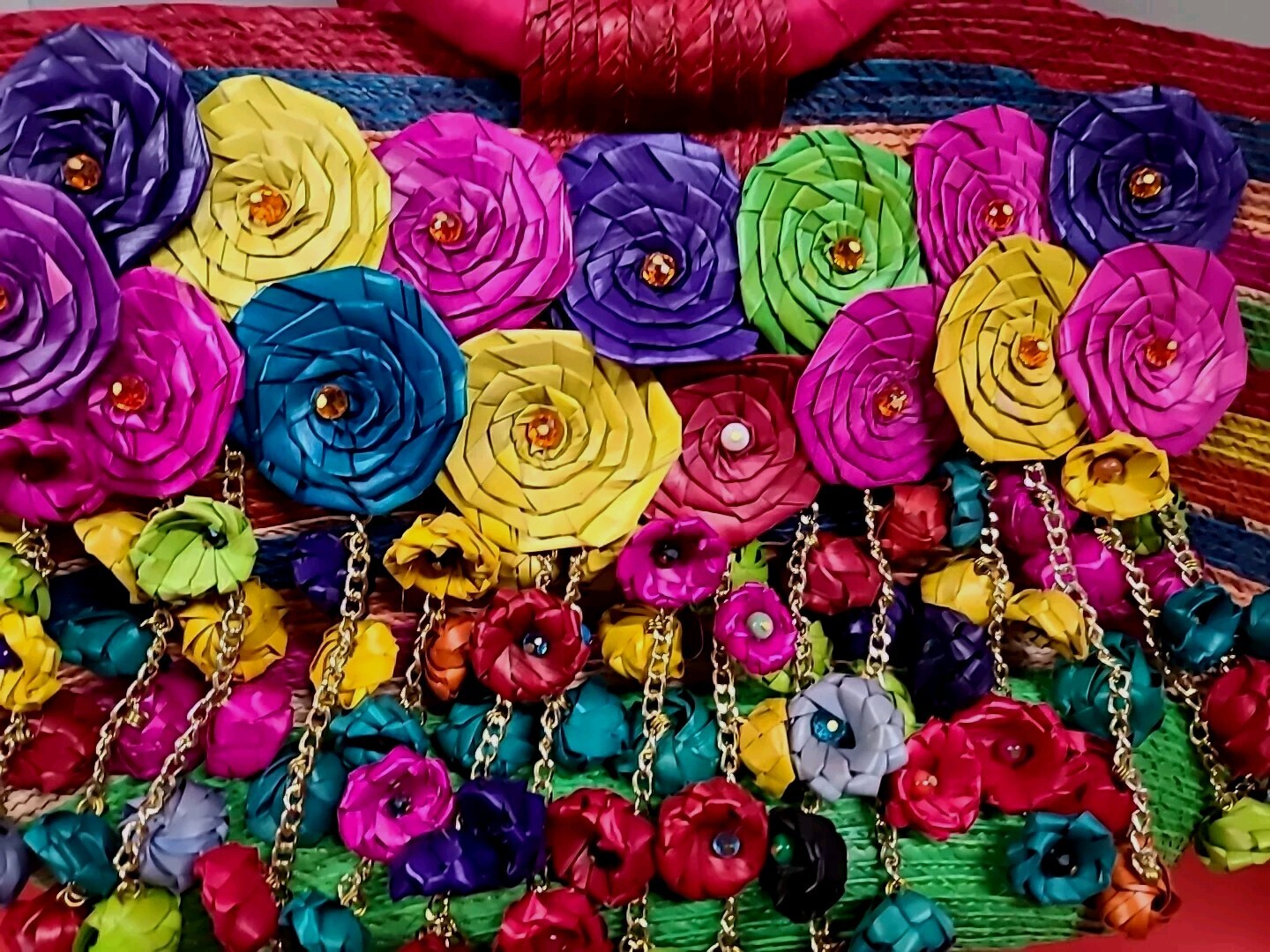 Vintage Tote Bag Straw Flowers Bolsa De Palma Hand Made Big Colorful 20×10×6″