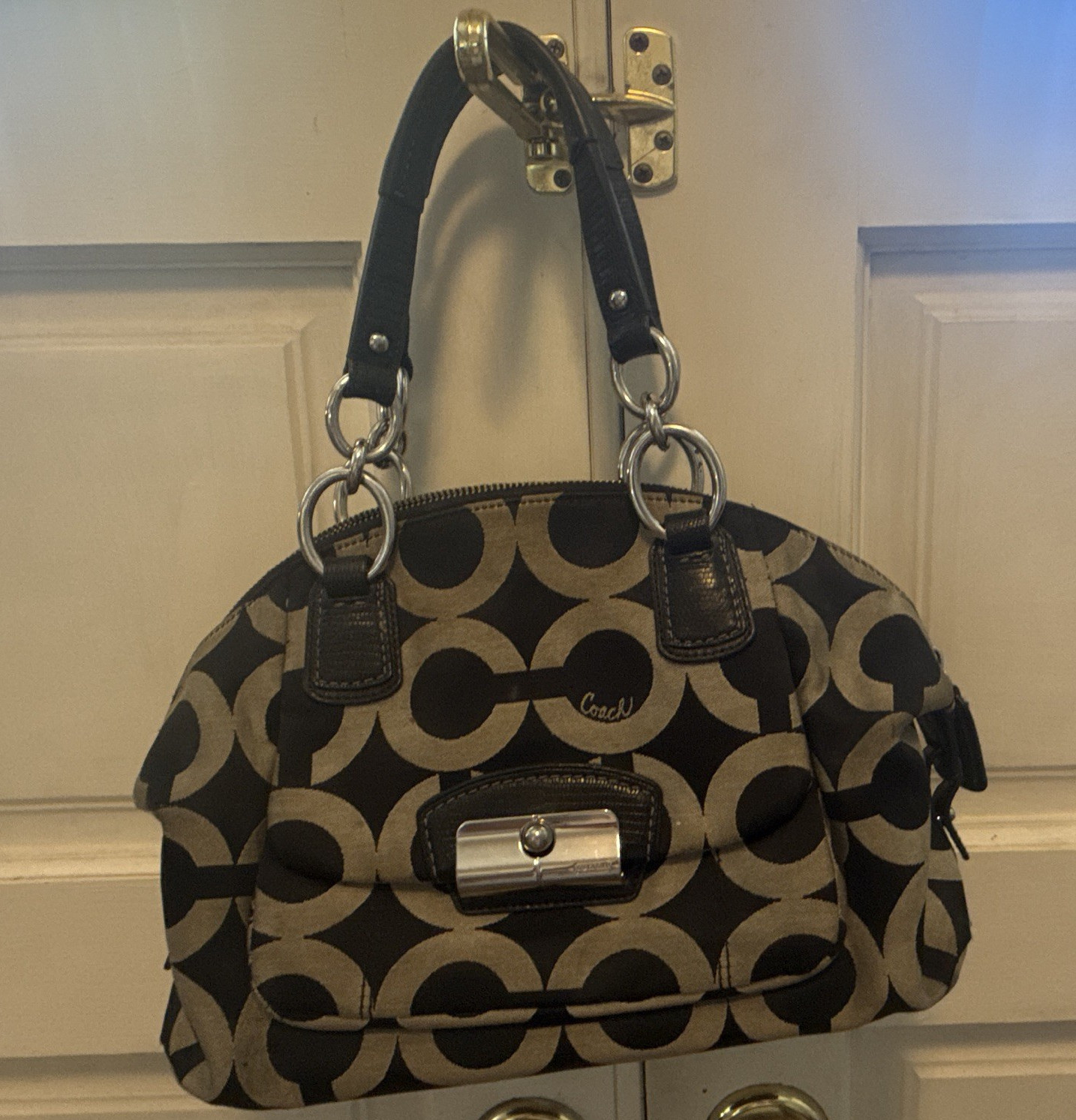 Coach Signature Black/Beige Satchel Shoulder Bag Zip Detachable Strap Silver
