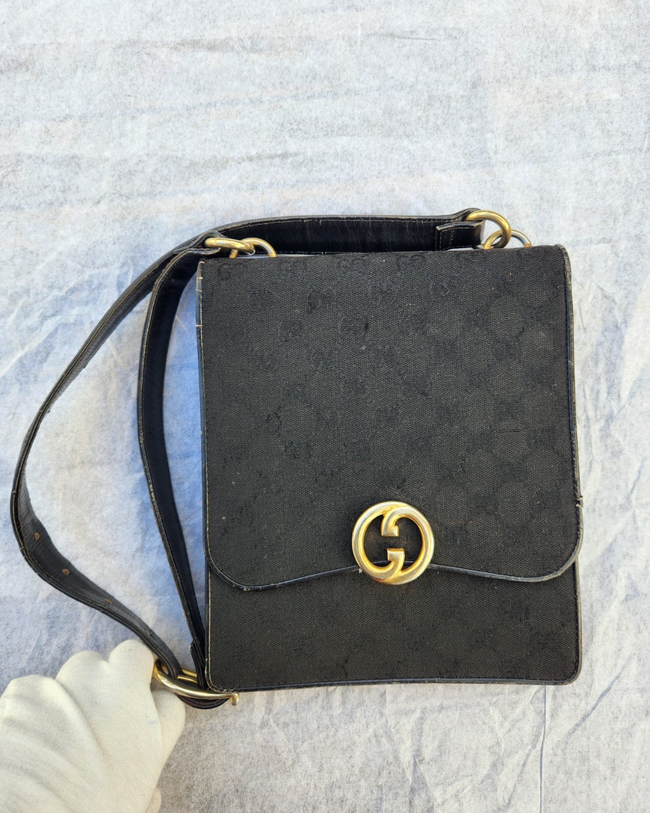Vintage 1970s Gucci Black GG Canvas Interlocking Logo Structured Shoulder Bag