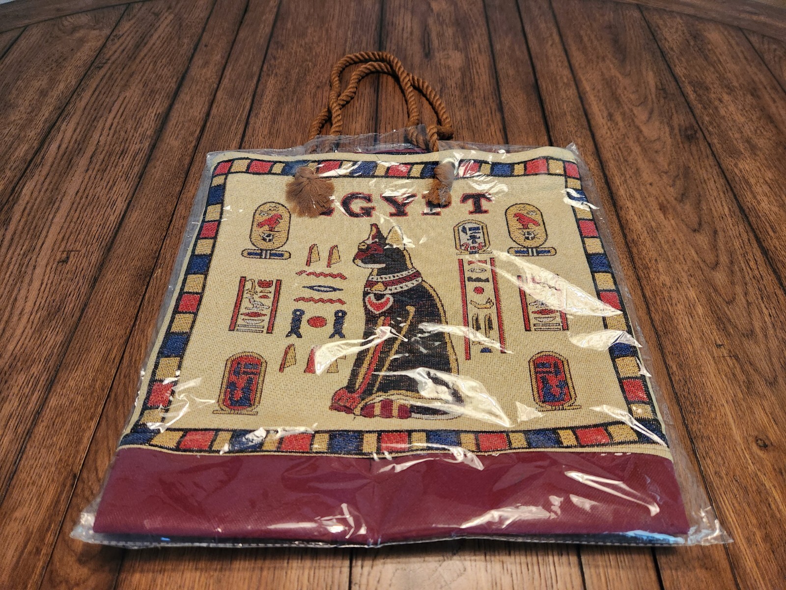 Egypt Sphinx Cat Tote Rope Handle Canvas Purse Grocery Bag Hieroglyphics