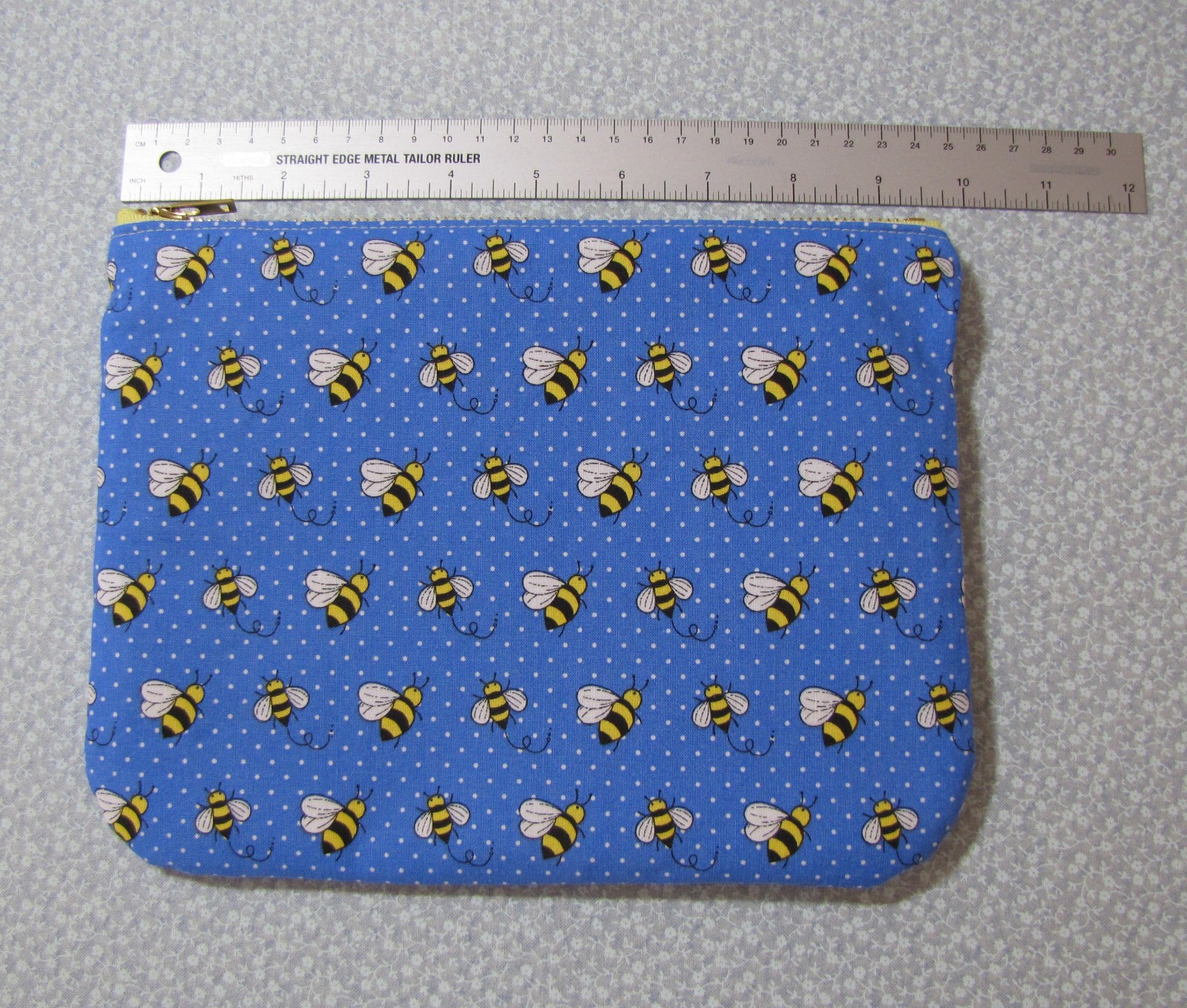 Honey Bee Zipper Pouch; Blue & Yellow Polka Dots Ditty Bag, 9.75 x 7.5″ Handmade