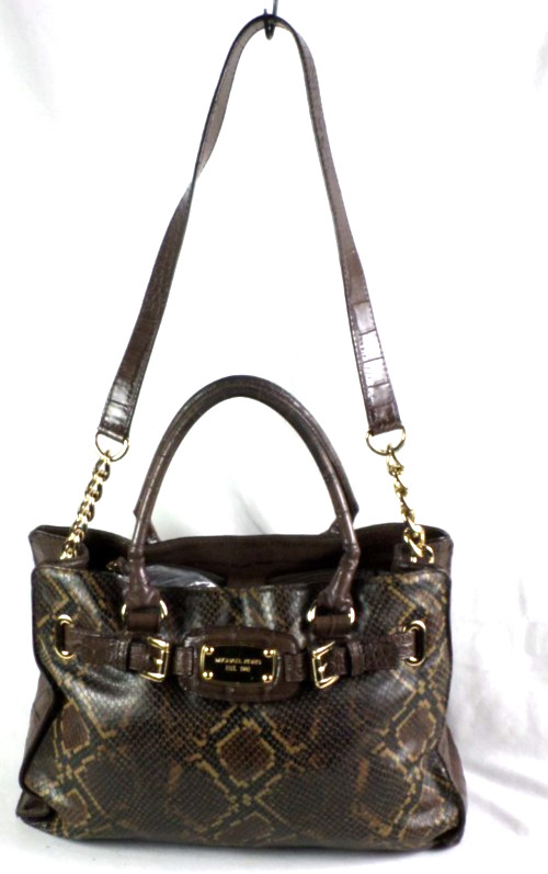 Michael Kors Hamilton Dark Brown Python Embossed Satchel Purse Shoulder Bag Nice