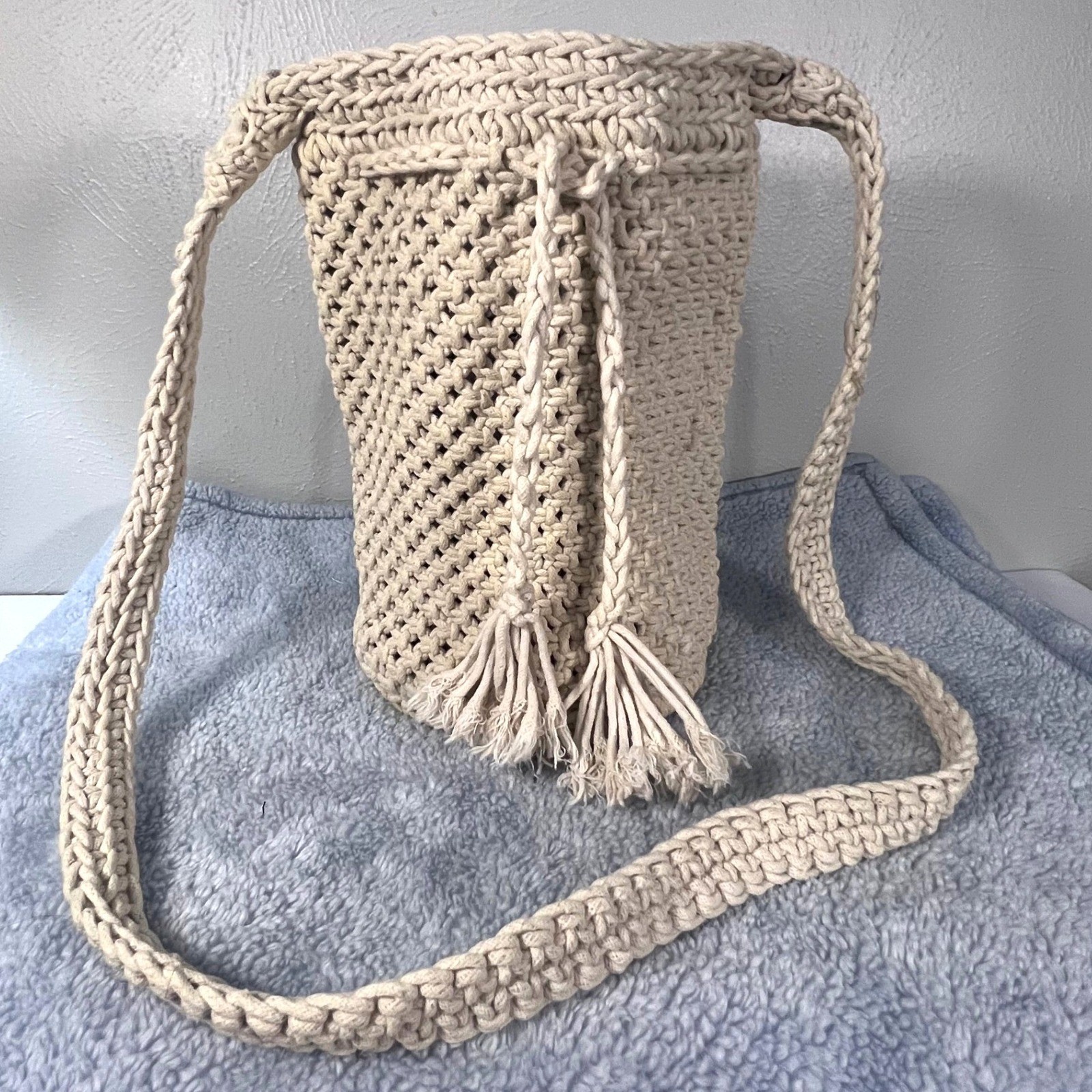 Crochet Bucket Barrel Purse Cream Drawstring Boho Gypsy Coastal Oat Bag