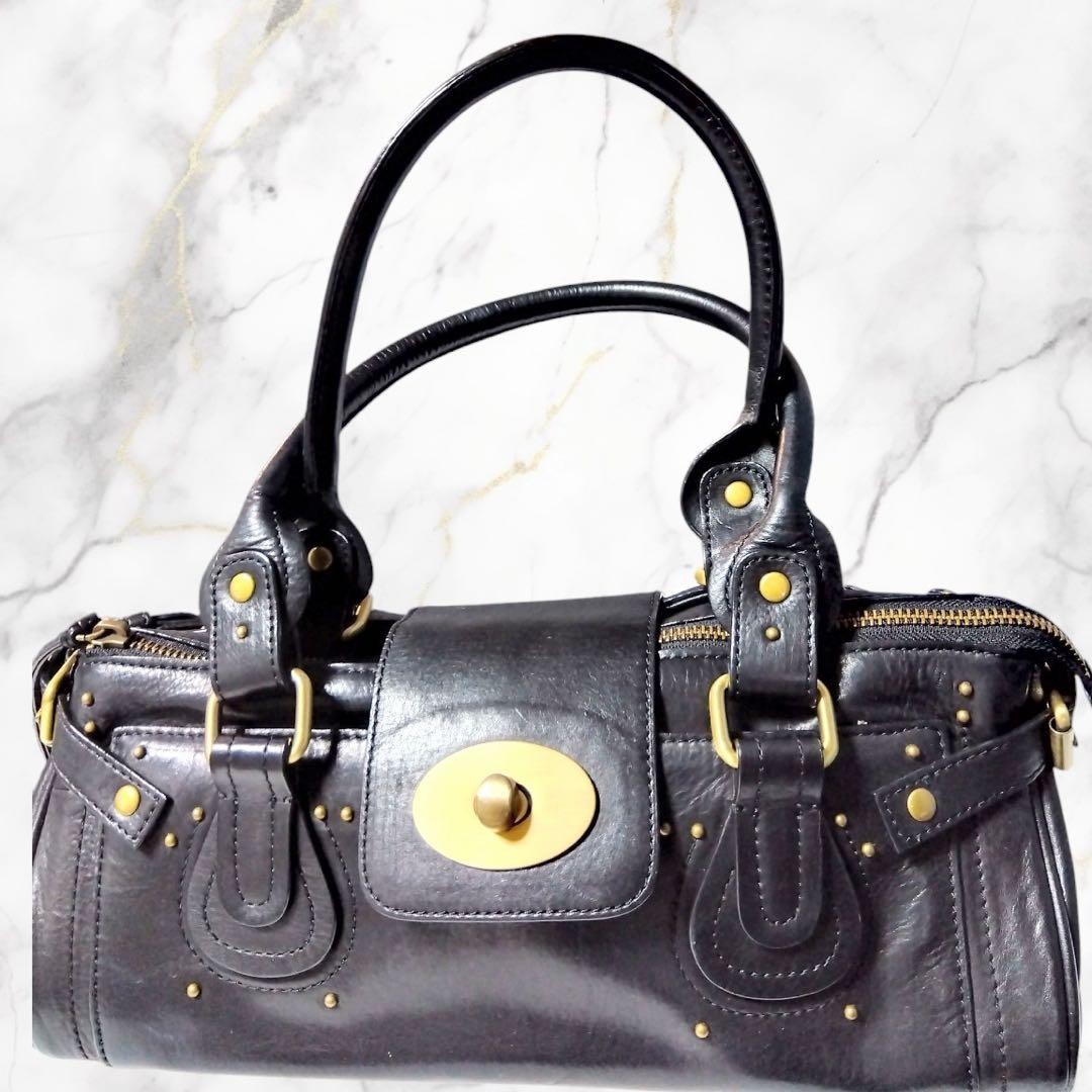 Studded Handbag Shoulder Bag Purse Leather in Black Gold Hardware USED Good Cond
