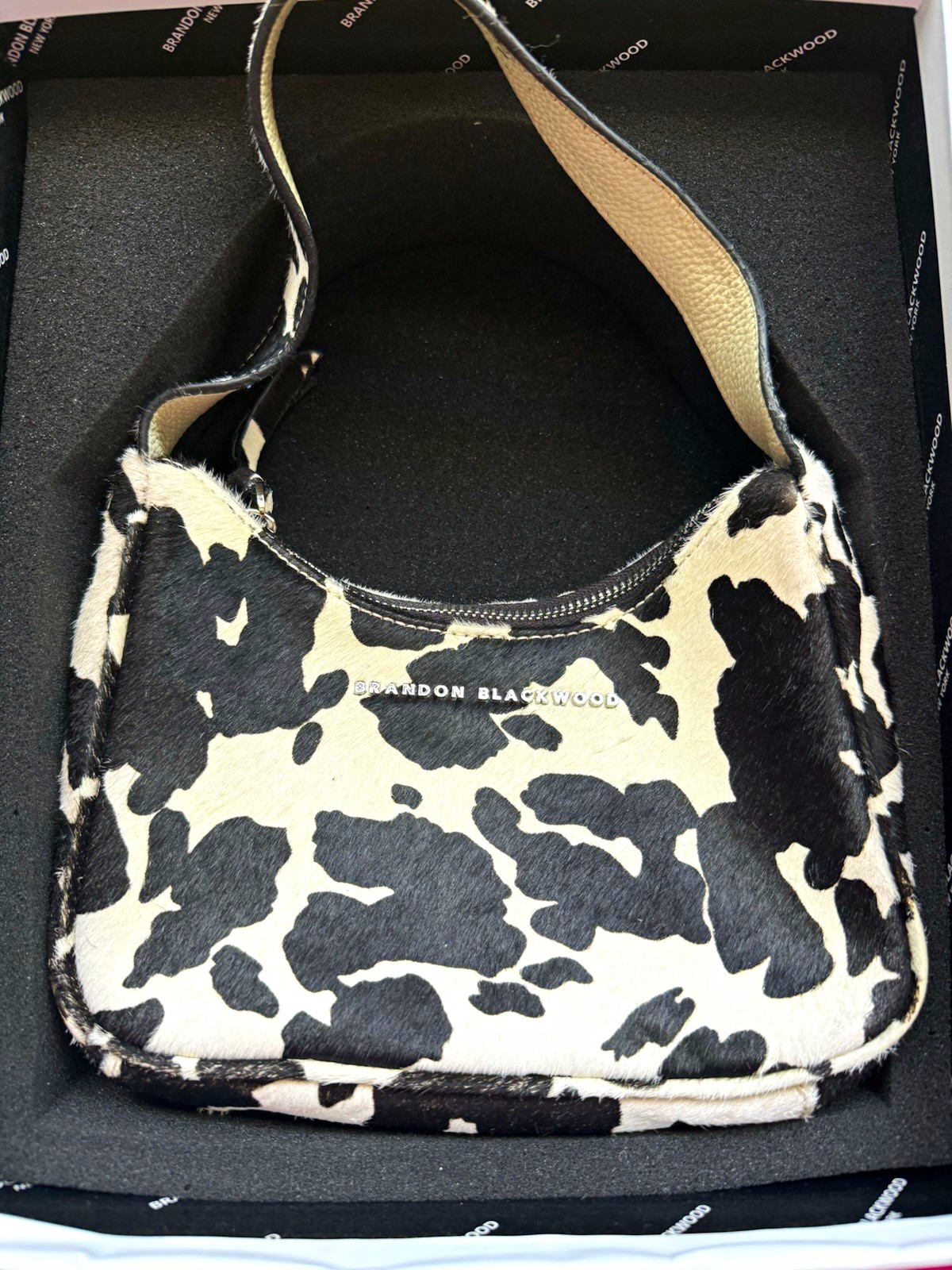 Brandon Blackwood Pony Hair Cow Print Shoulder Bag Zip Closure Leather Strap