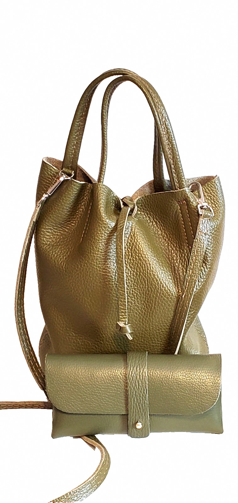 Moss Green Italian Leather Bucket Bag with Matching Case Made in Italy 10 in x 6
