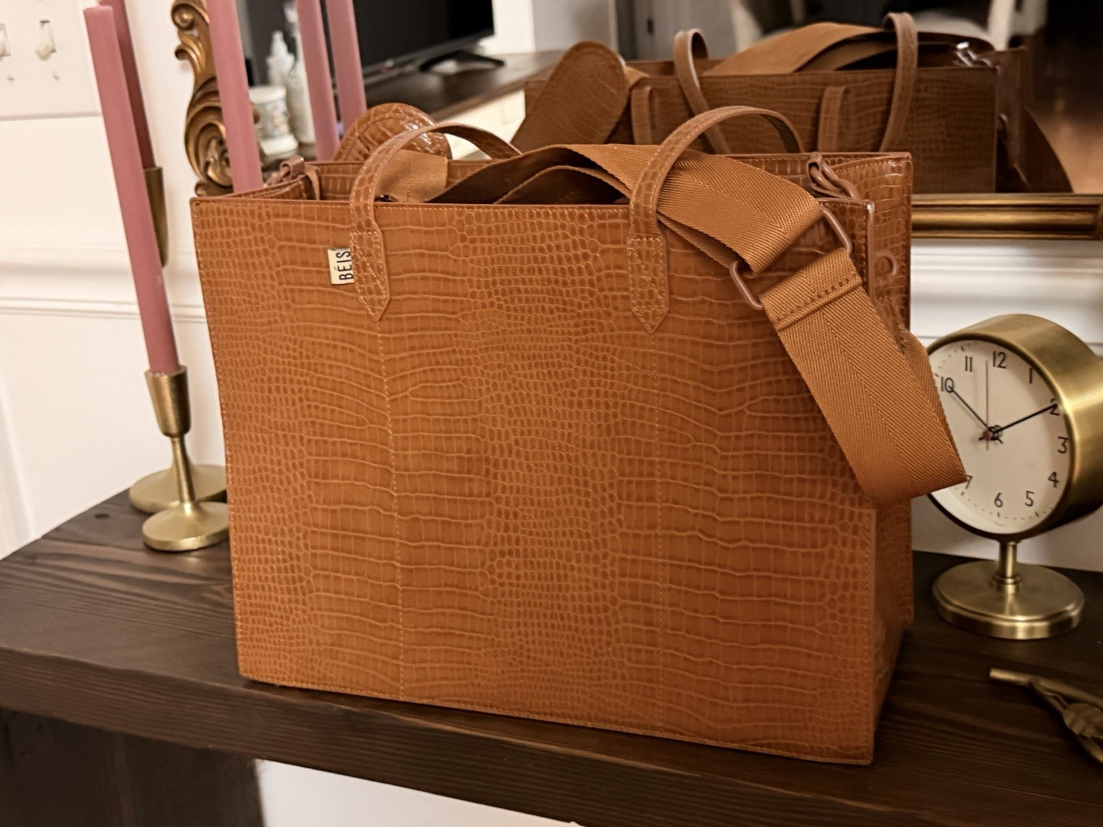 BEIS Brown Croc-Embossed Large Tote Bag Zip Closure, Detachable Crossbody