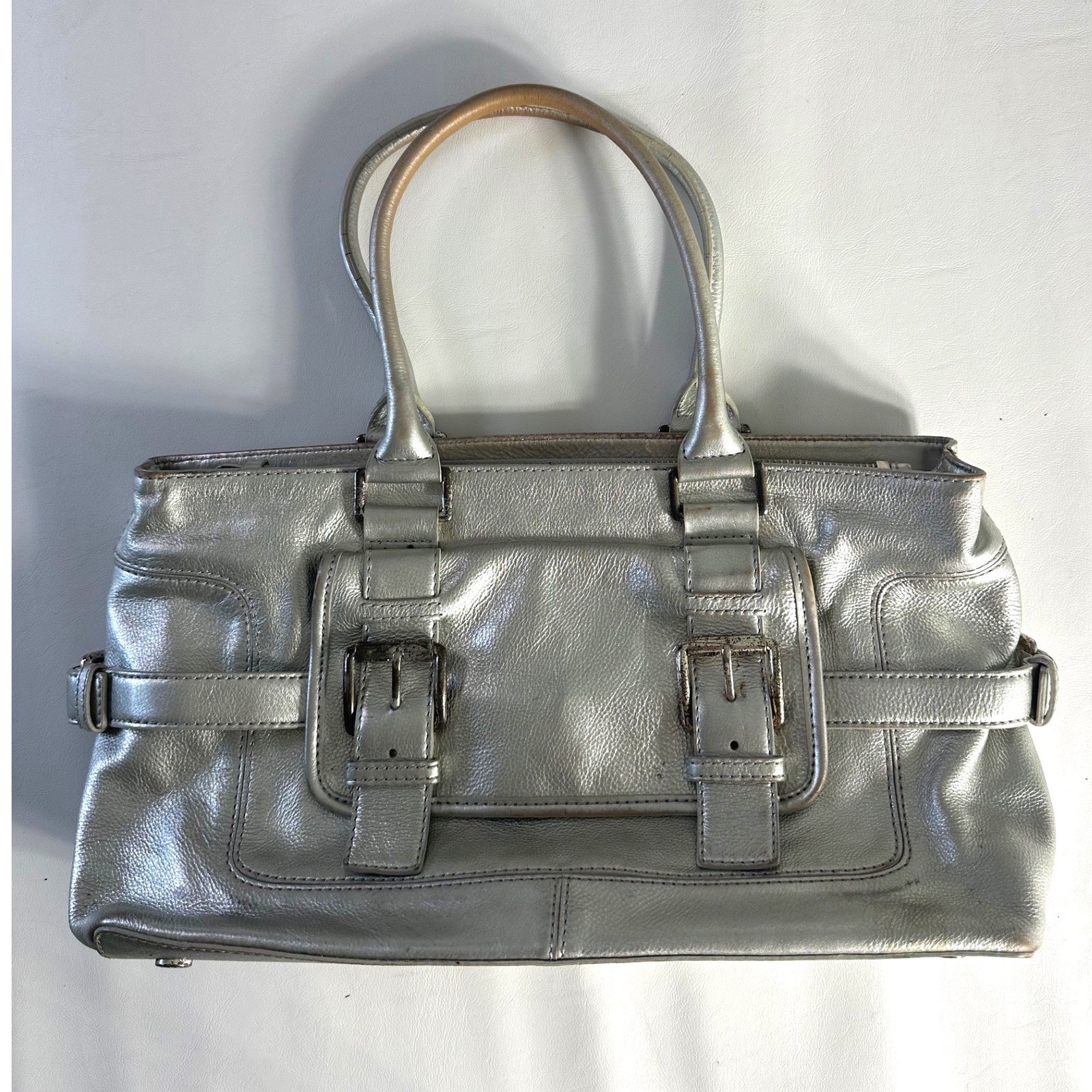 Michael Kors Metallic Silver Leather Buckle Satchel Shoulder Bag Y2K Cyber
