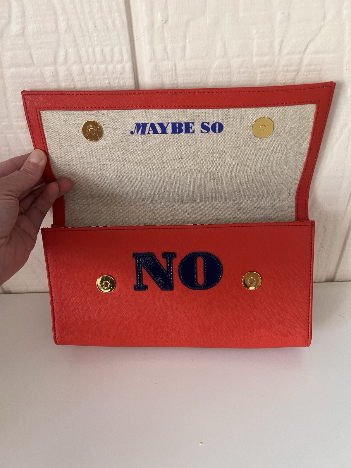 Jonathan Alder red YES clutch purse