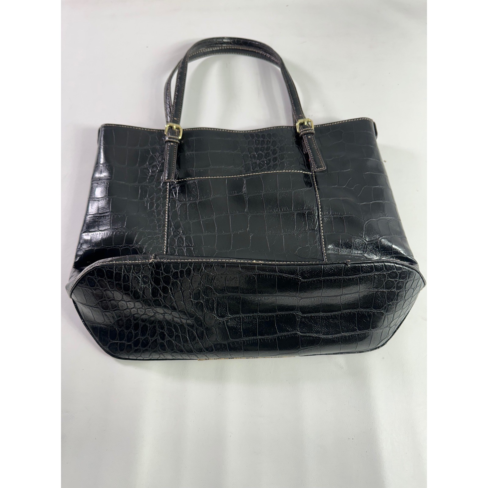 Anne Klein Black Croc Embossed Leopard Print Tote Bag Faux Leather Shoulder