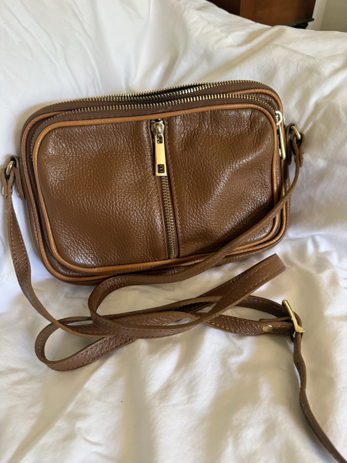 Stella Bianca 3 Compartment Small Crossbody Bag Brown Leather Gold Hardware
