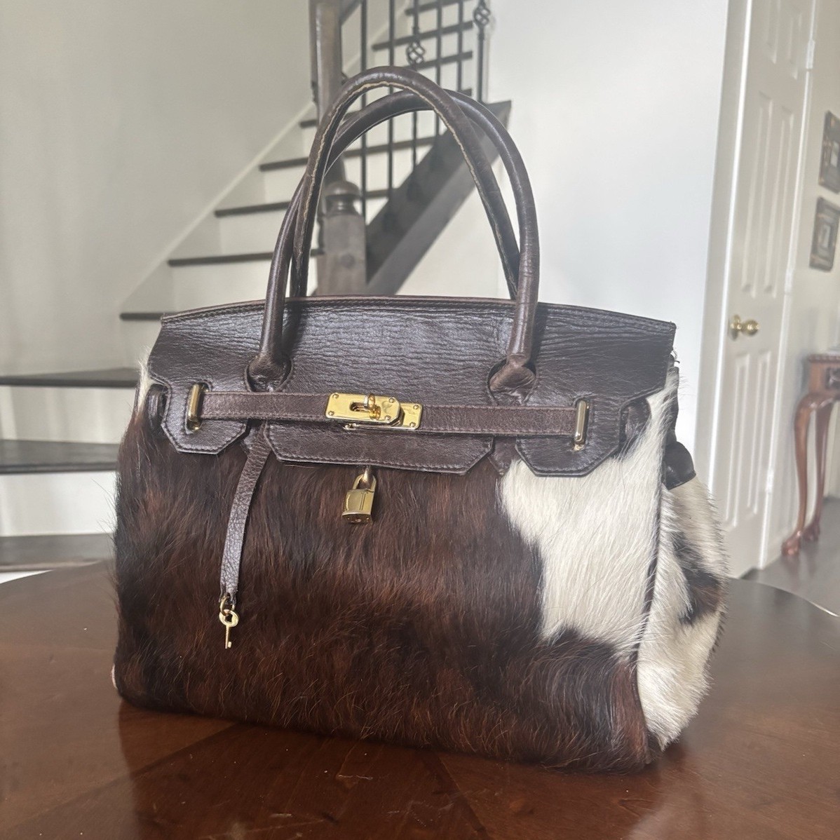 Italian Vintage Leather & Cowhide Satchel Top Handle w/ Padlock Key Gold