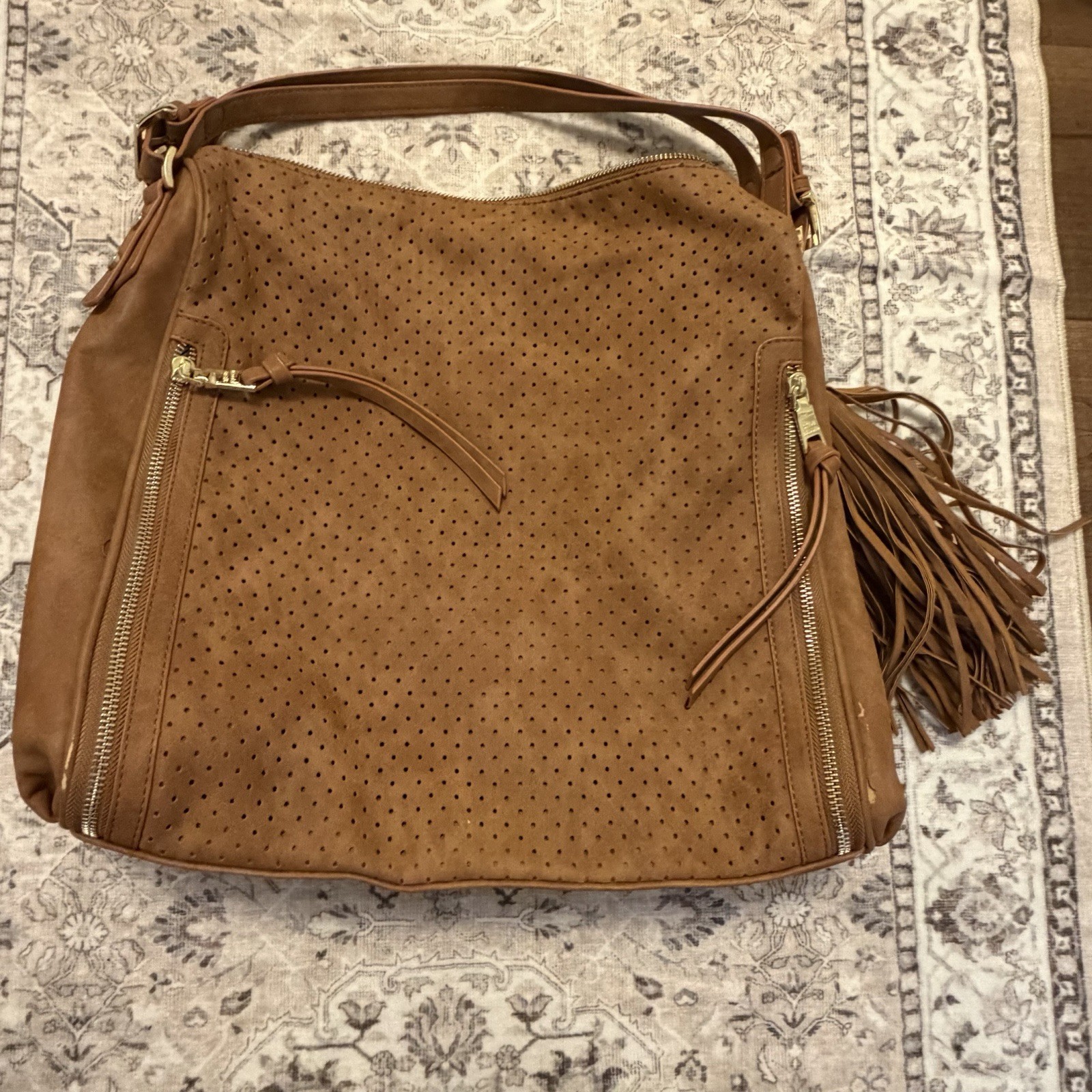 Steve Madden Leather Suede Zipper Tassle Shoulder Bag 15 X 13 X 7 Dble Strap