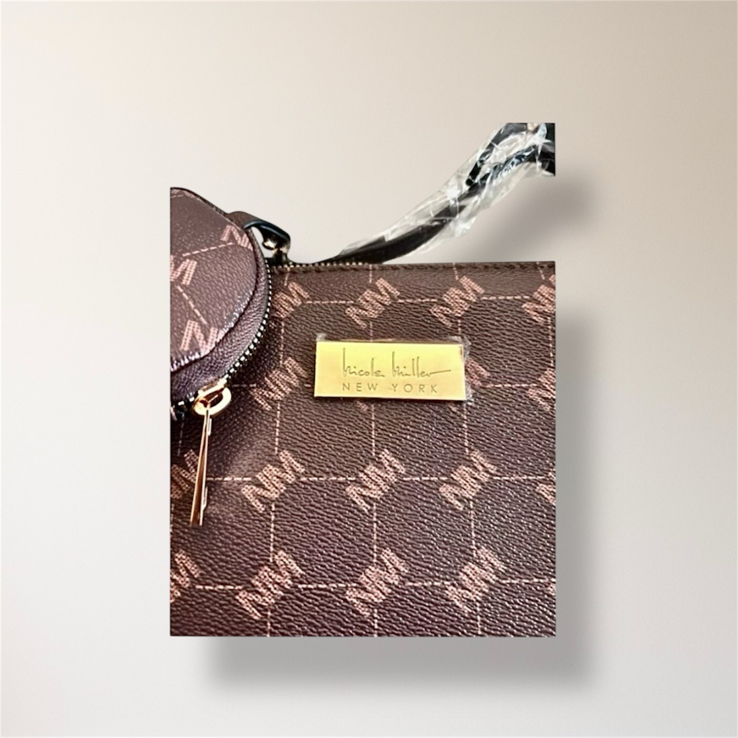 New Nicole Miller New York Brown Monogram Crossbody Bag Coin Purse Minimal Luxe