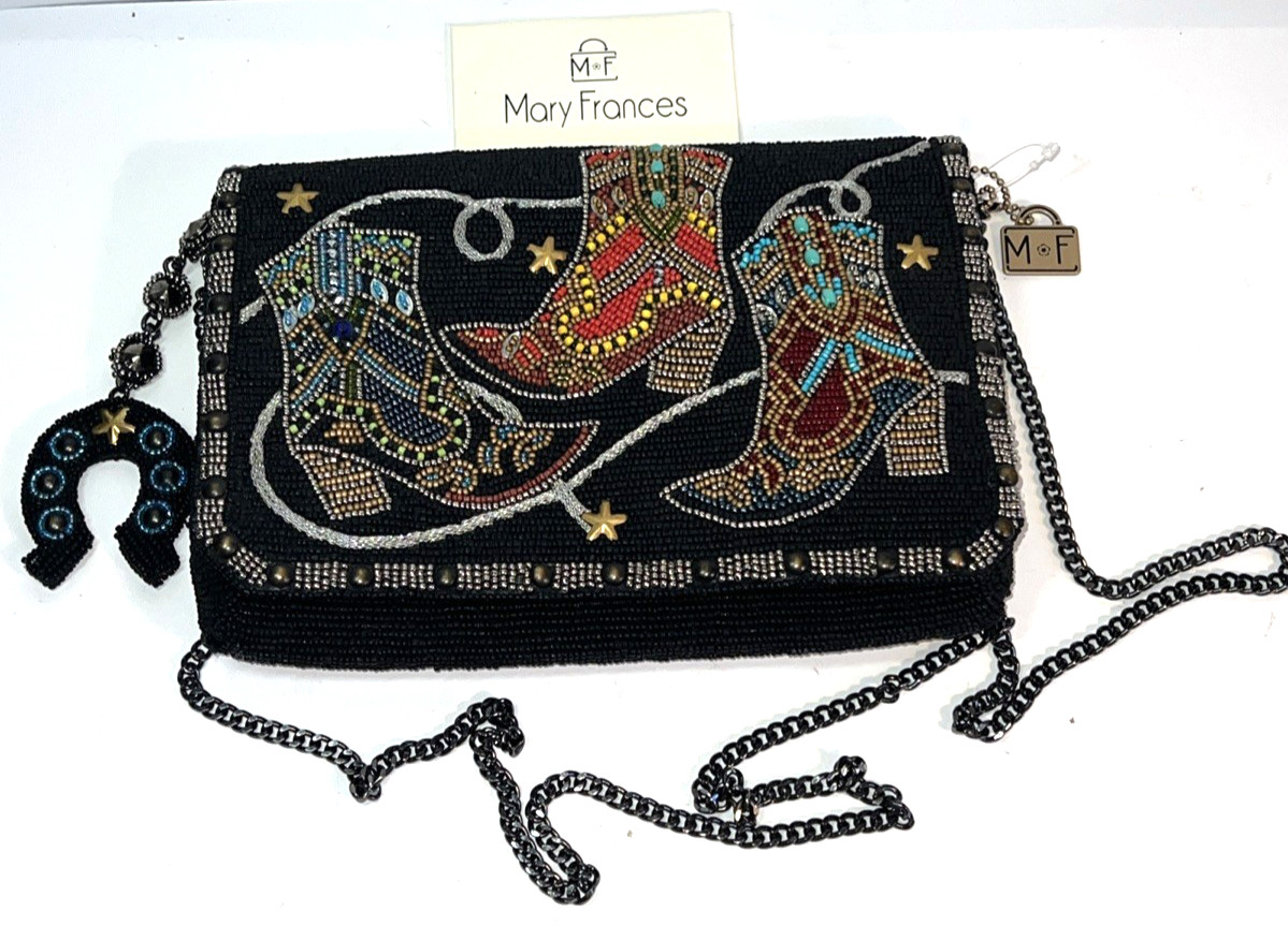 Mary Frances Beaded Western Boots Clutch Crossbody Black Multicolor Horseshoe