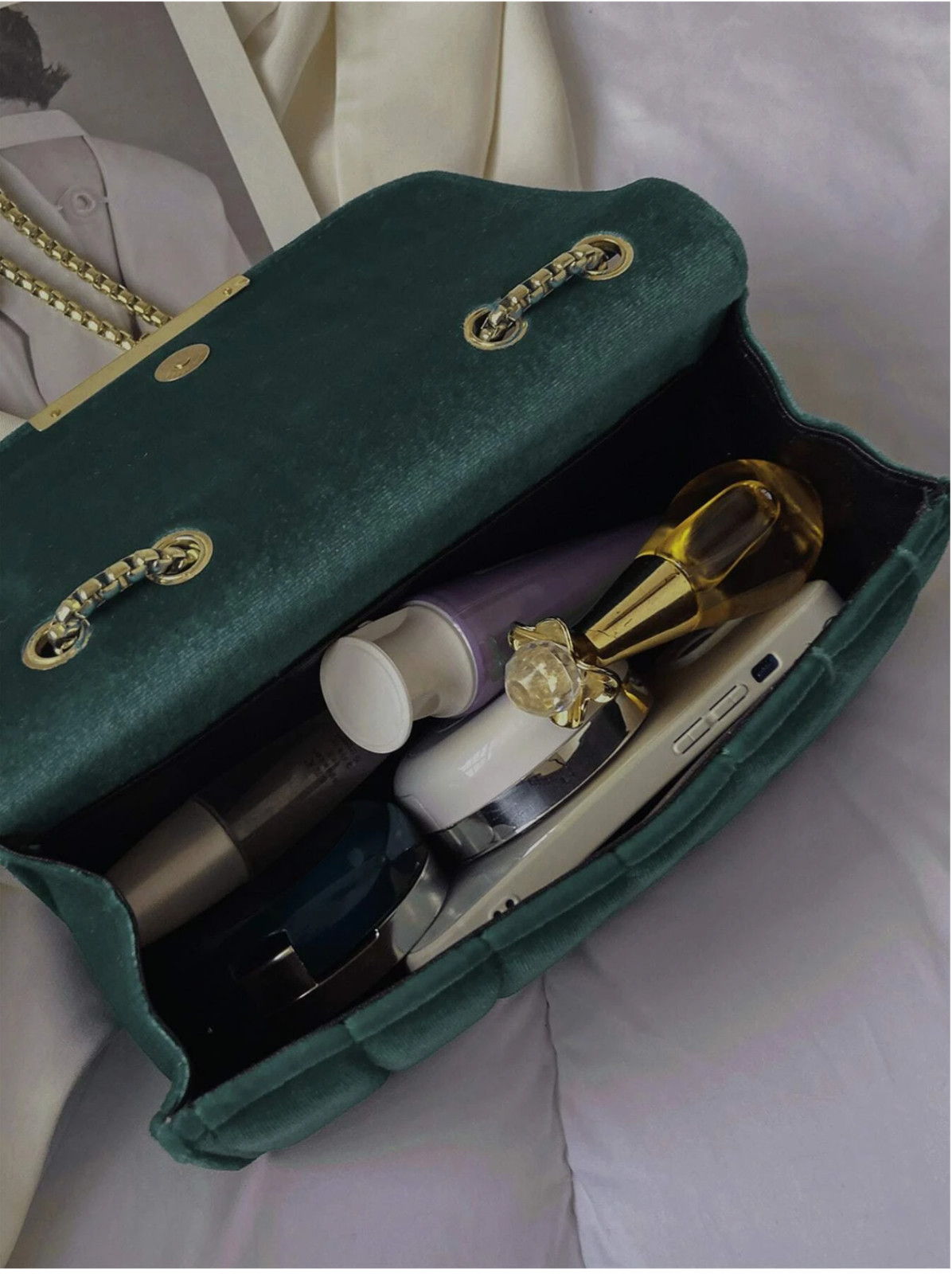 Green Business Casual Lightweight Portable Fashion Velvet Chain Chain Flap Bag