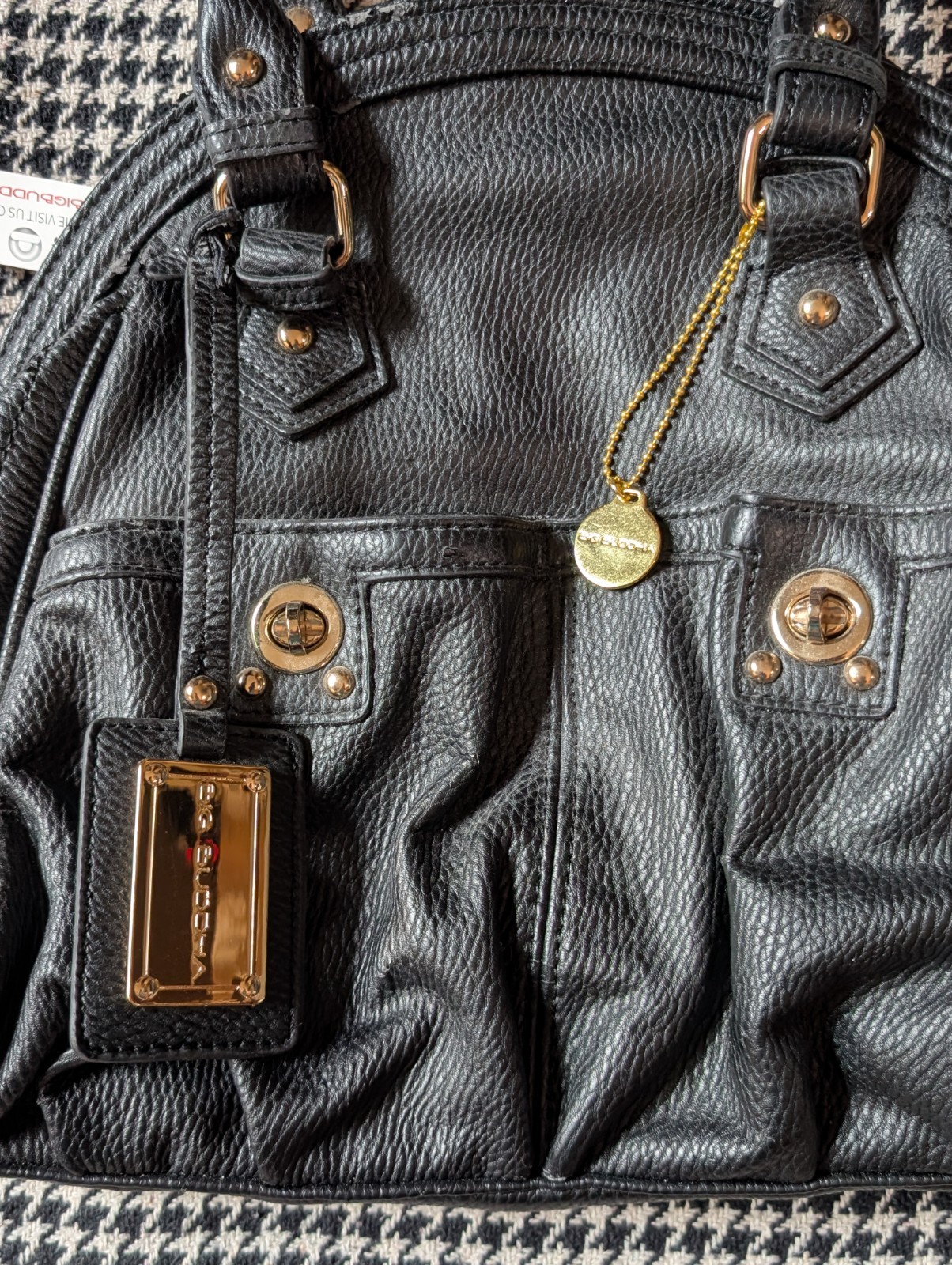 Big Buddha Chunky Black Leather Handbag with Gold Hardware and Extra Strap