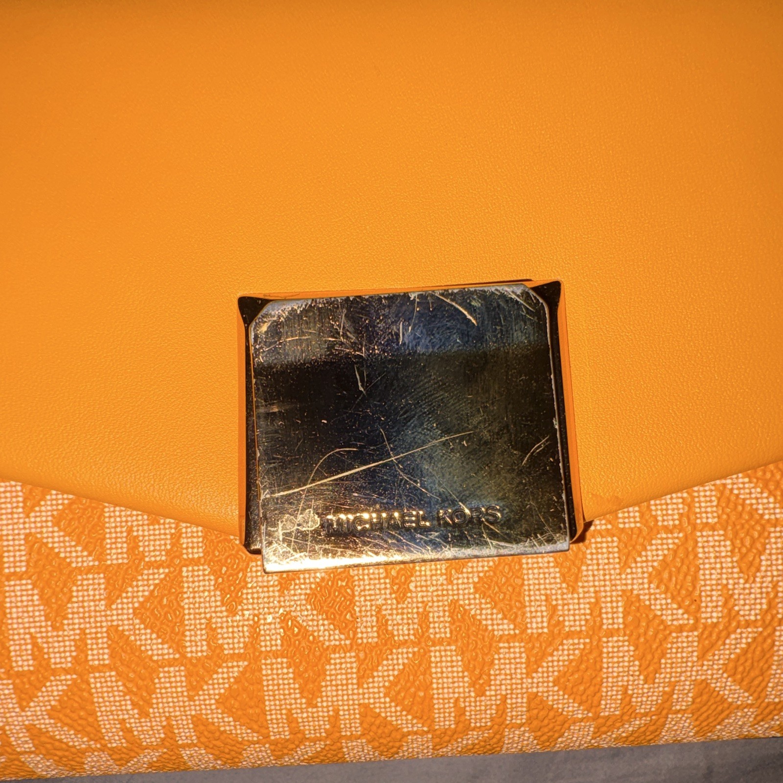 Michael Kors MK Logo Tan/Orange Small Crossbody Bag Chain Handle Detach Strap