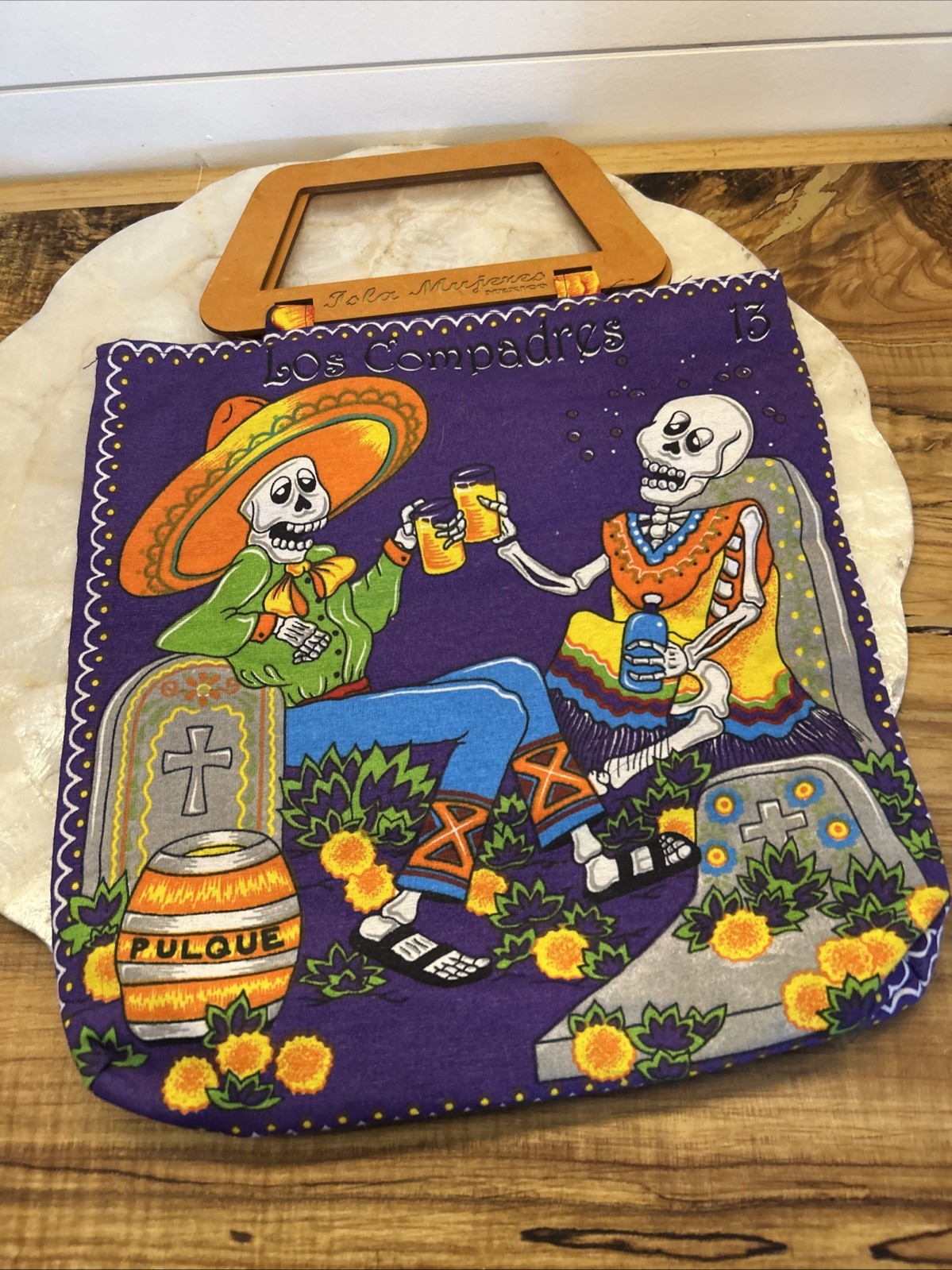 Isla Mujeres Mexico Dia de los Muertos Day of the Dead Tote Purse Fabric/Wood