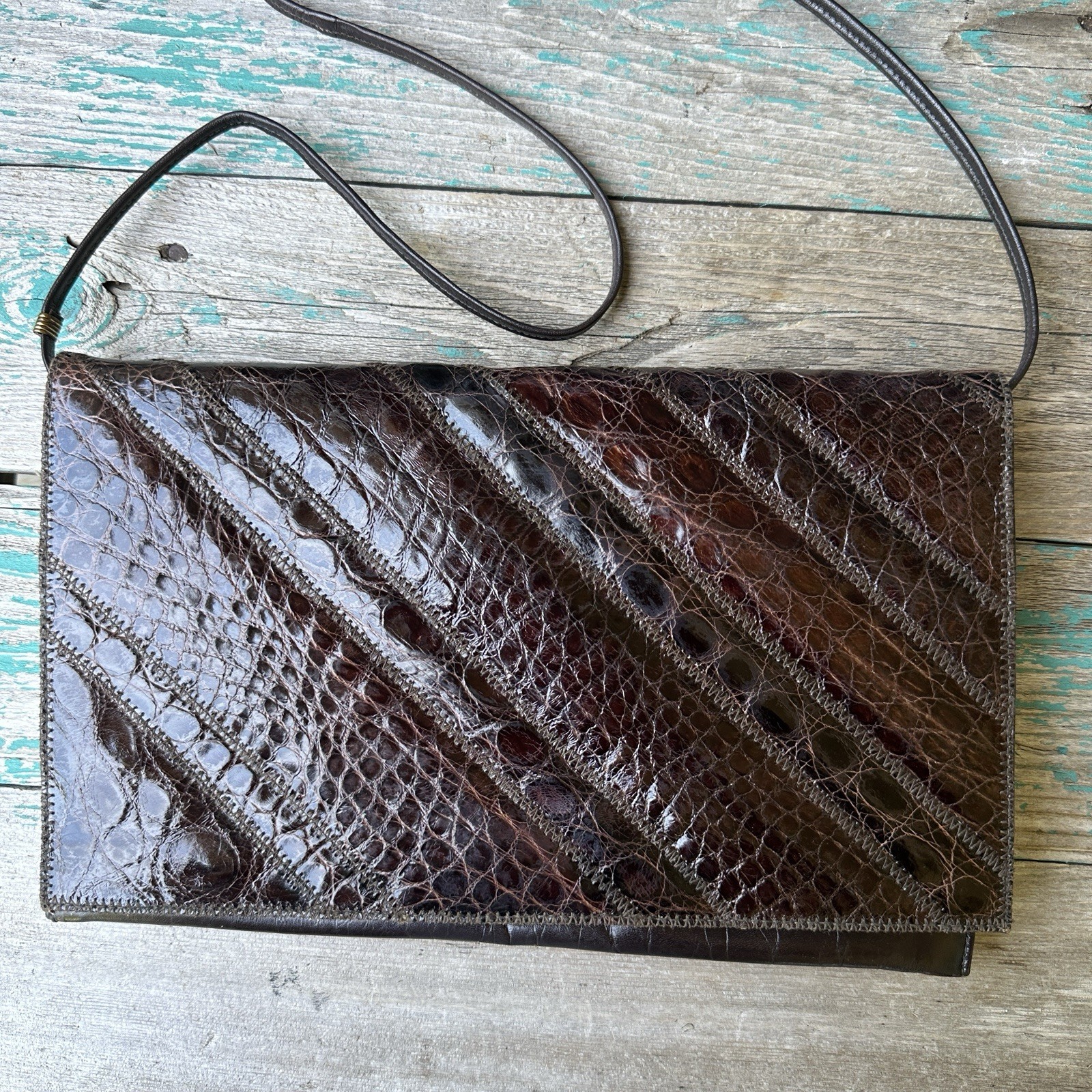 Vintage Varon Shoulder Bag Purse 11×6.75 Inch Brown Crocodile Leather Handmade