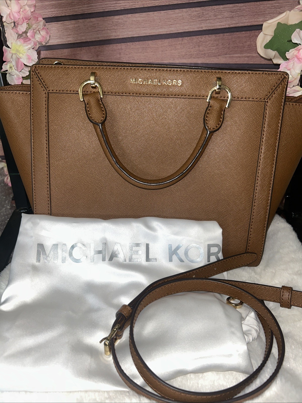 Michael Kors Selma Large Leather Satchel Bag Luggage Brown With Bag And Strap