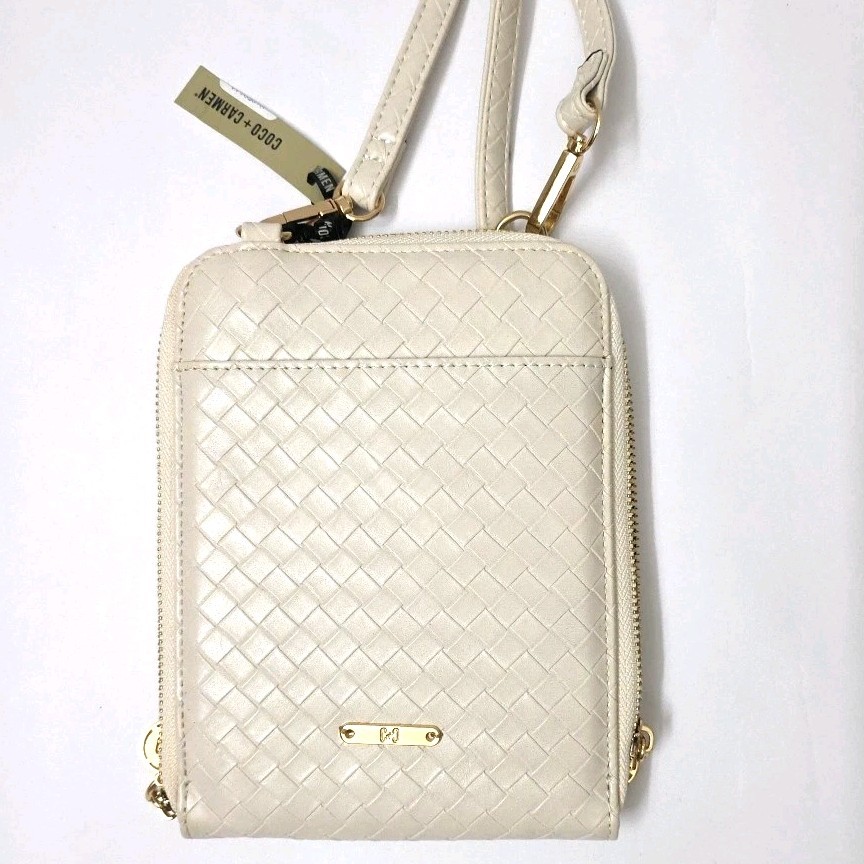 Coco+Carmen Cream Crossbody Organizer Wallet Purse Herringbone Adjustable Strap