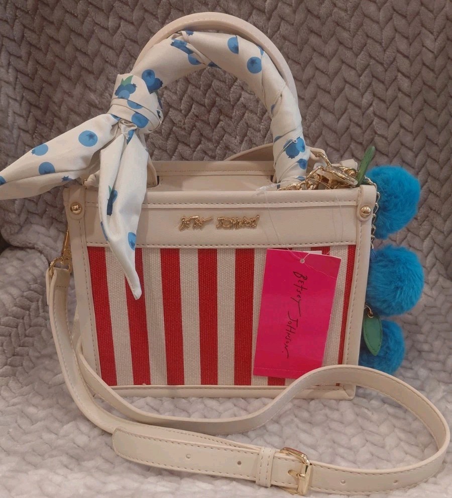BETSEY JOHNSON Red/ White/Blueberry Charm Crossbody Top Handle Zip Bag w Charm