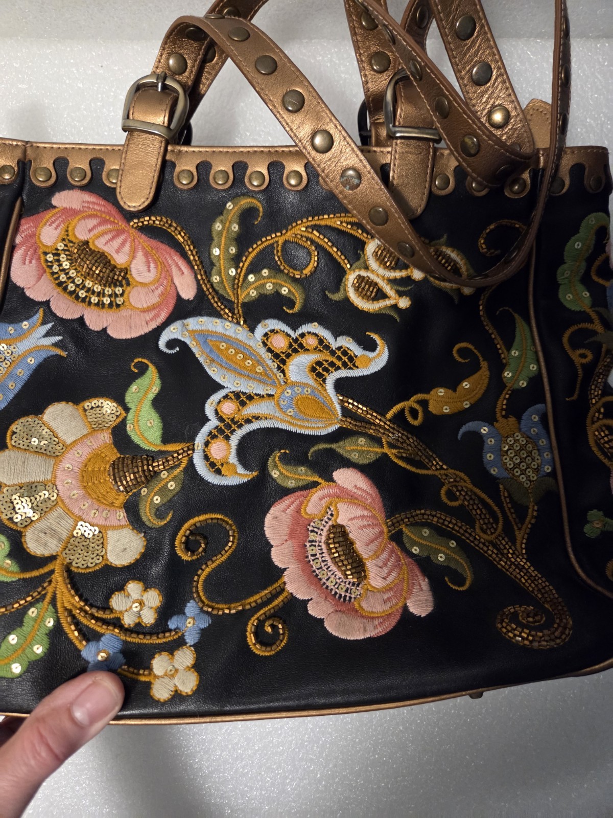 Isabella Fiore Black Suede/Genuine Tooled Rivets Leather Floral Designer Satchel