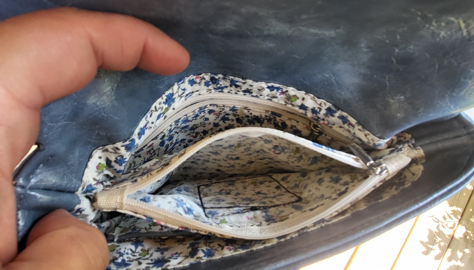 Coco And Carmen Blue Crossbody Foldover Purse Floral Lining Thick Strap