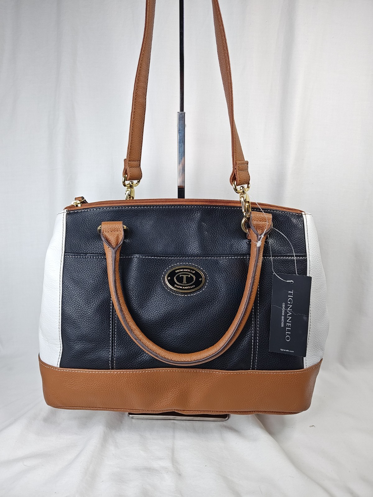 Tignanello All Day Long Convertible Satchel Bag Black White NWT Leather Purse