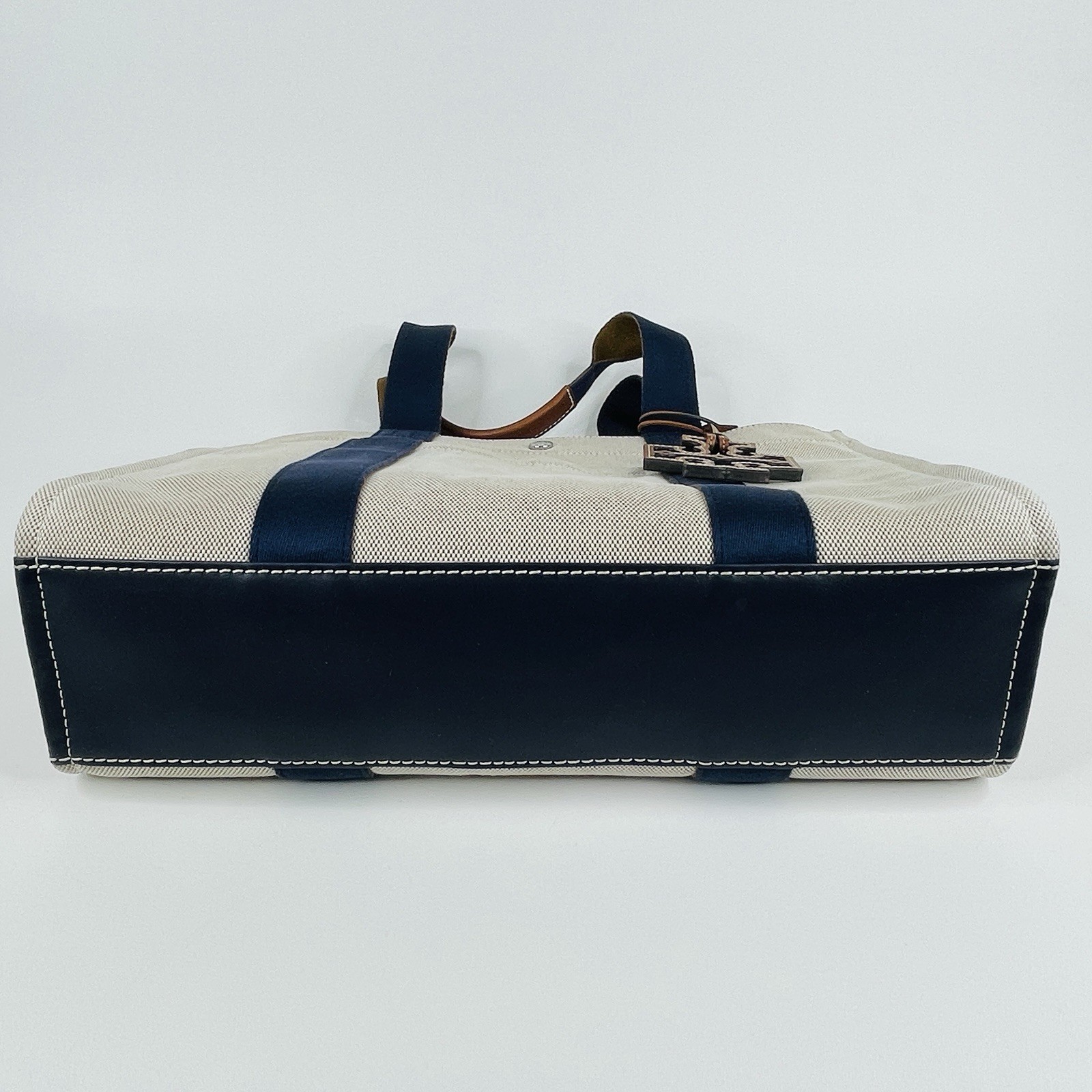 Tory Burch Beige Canvas w/ Navy Blue Grosgrain & Leather Accent Tote Bag 15×11.5