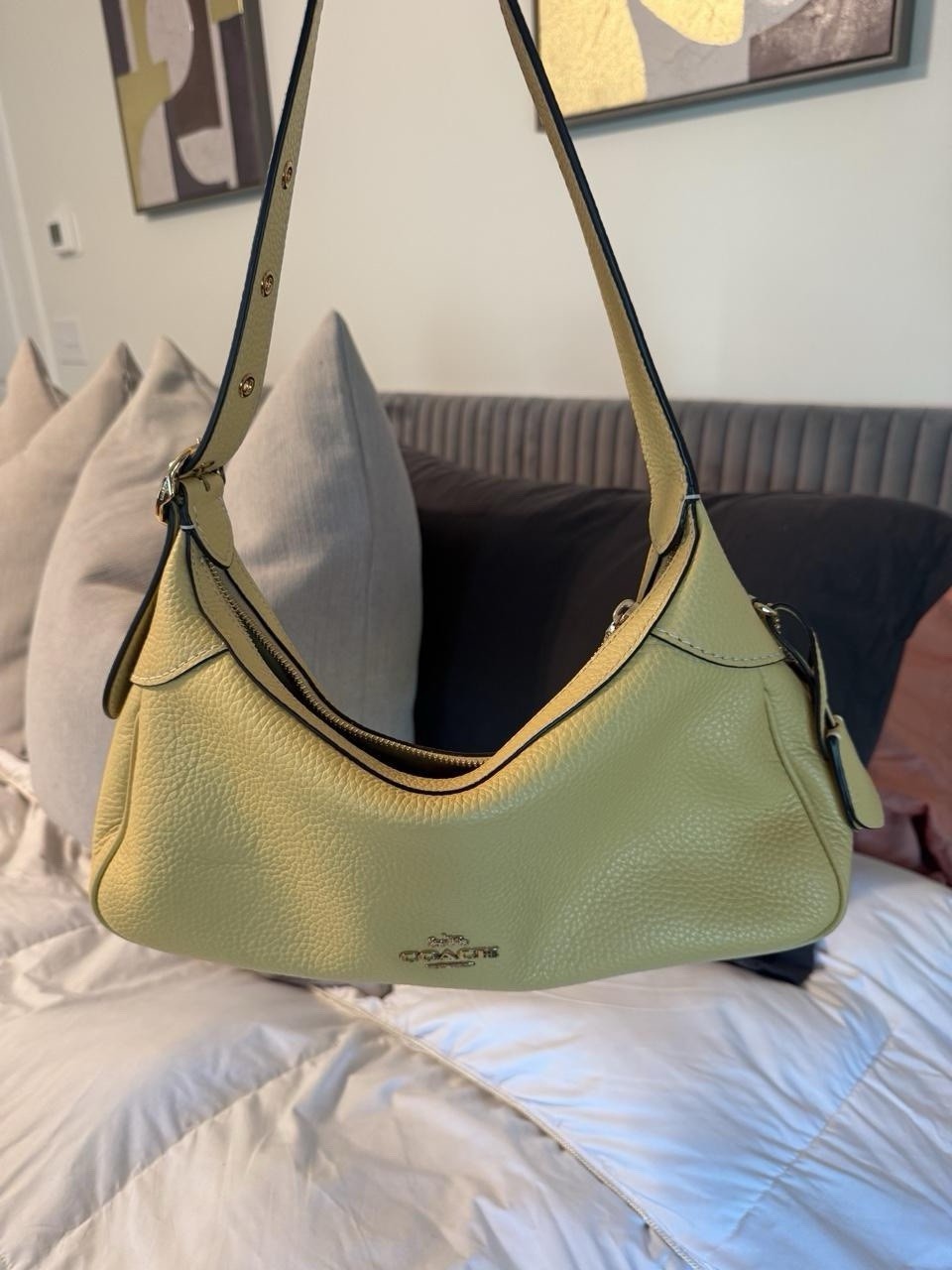 Coach Yellow Pebbled Zip Shoulder Bag Small Crescent Gold Hardware Pockets
