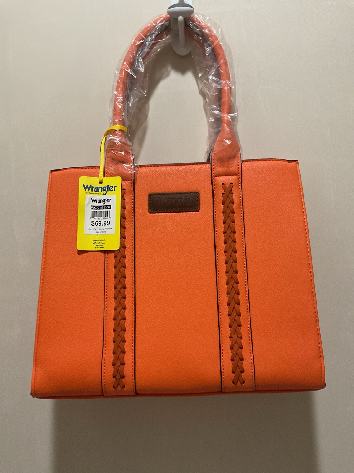 Wrangler Orange Tote Bag Braided Accents Zip Closure Detachable Strap