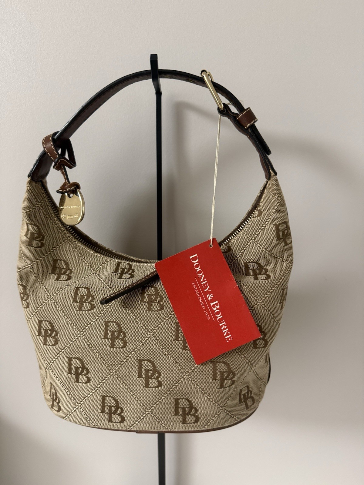 Dooney & Bourke Small Beige/Brown Logo Shoulder Bag, Red Lining, Gold Zip