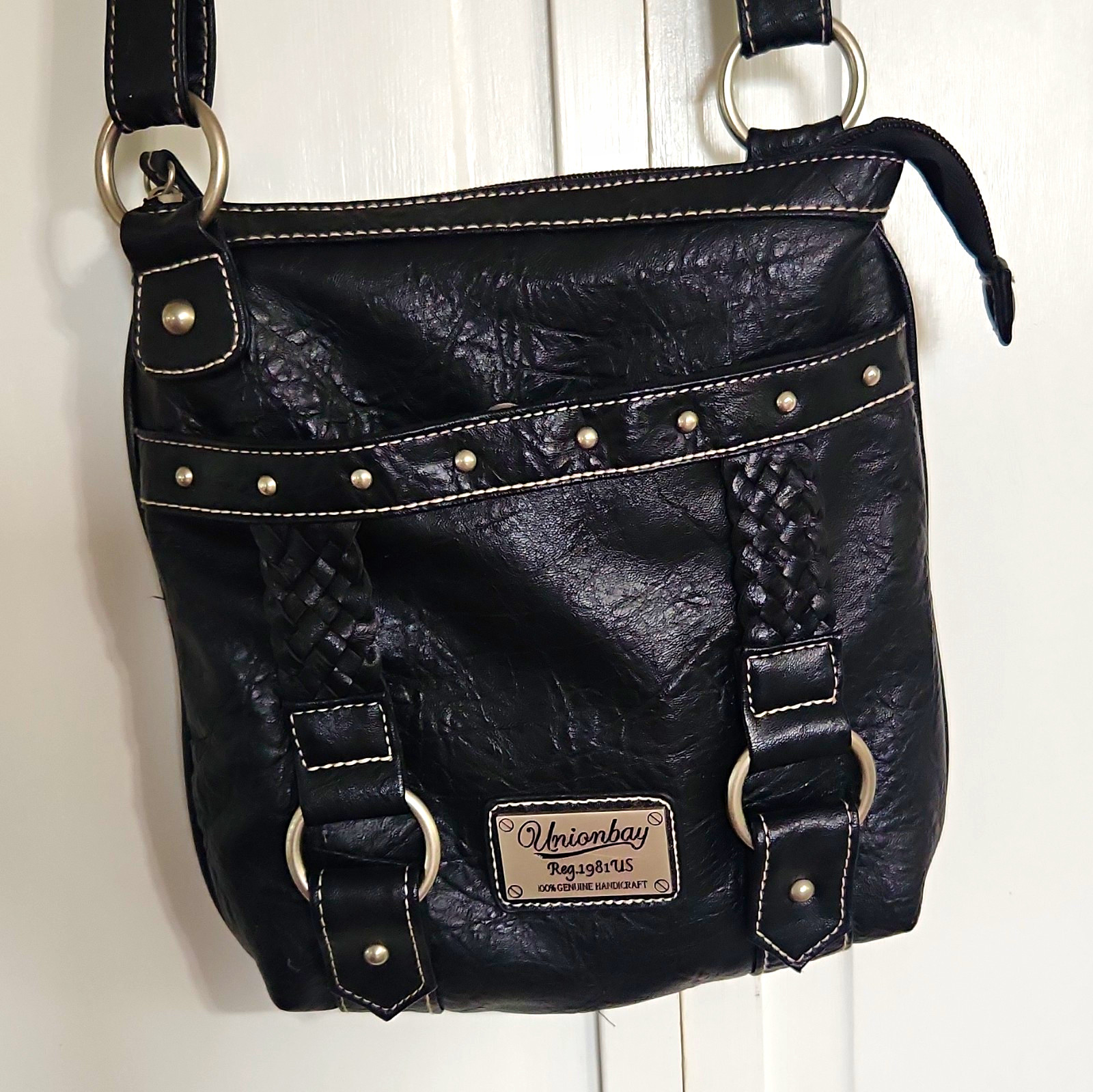 VTG Y2K Unionbay Black Faux Leather Crossbody Bag Studded Braided Excellent