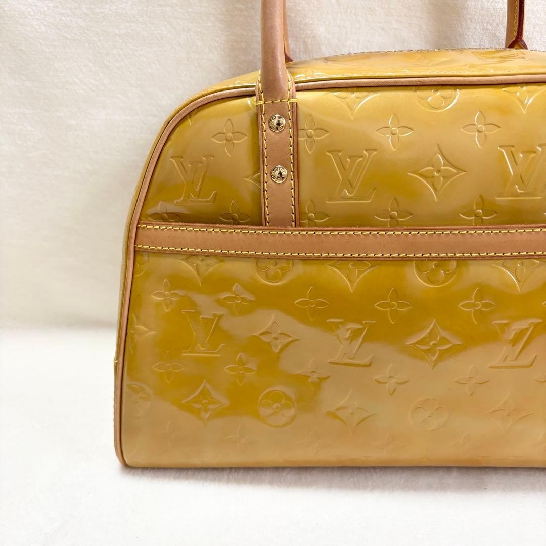 LOUIS VUITTON Yellow Boston Bag Handbag Patent Leather with Dustbag 36x23x17cm