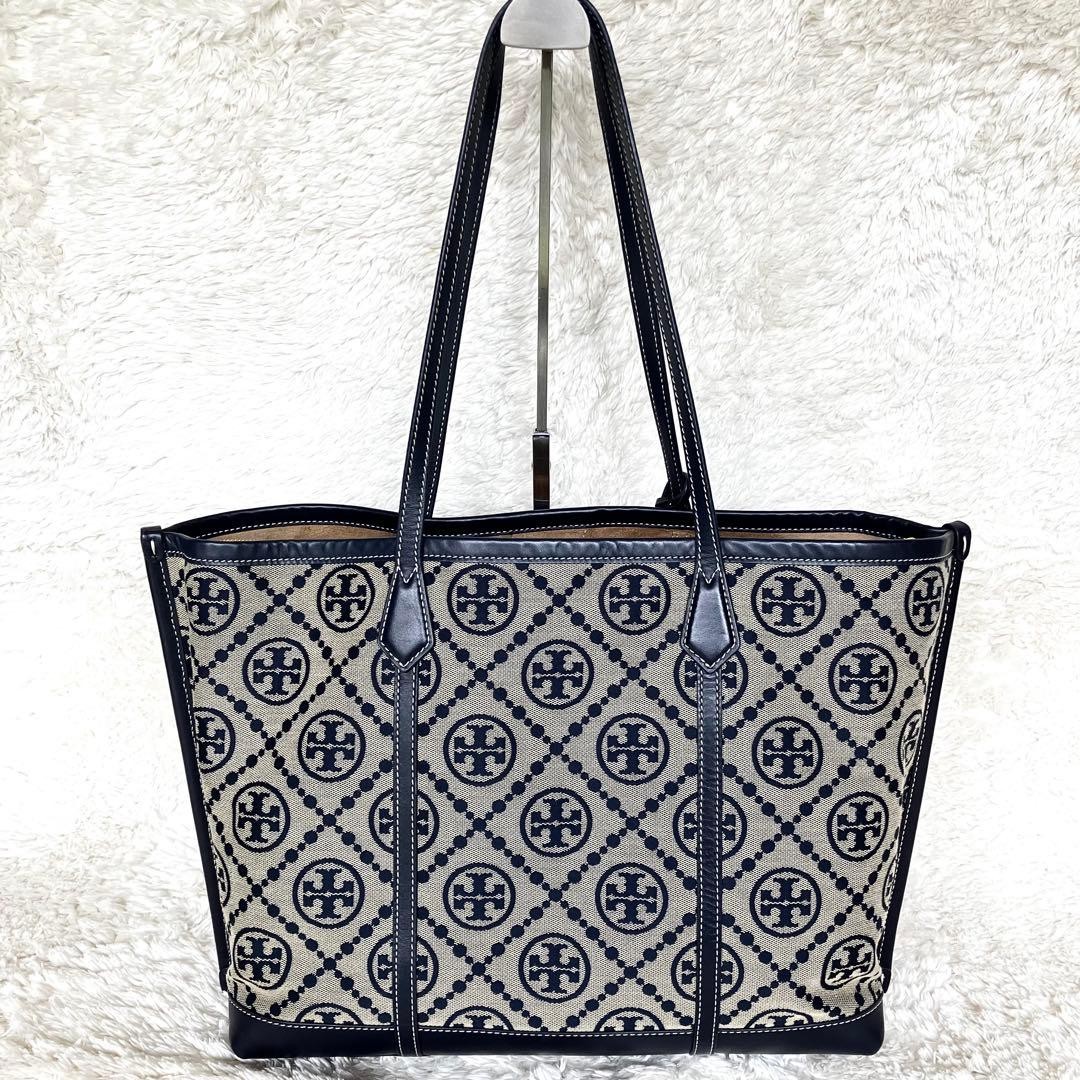 Tory Burch Perry T Monogram Triple Compartment Navy Beige Leather Tote Bag