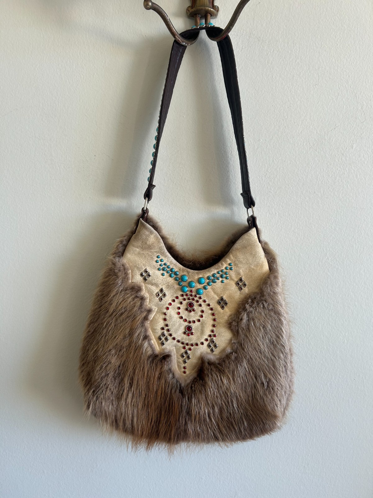 Authentic Southwestern-Style Suede and Fur Bag with Studded Turquoise Accents