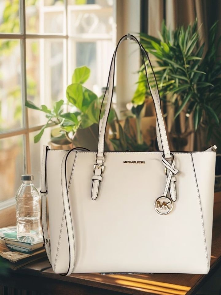 Michael Kors Charlotte Women Large Leather 3 in 1 Tote MK Bag Combo Light Cream